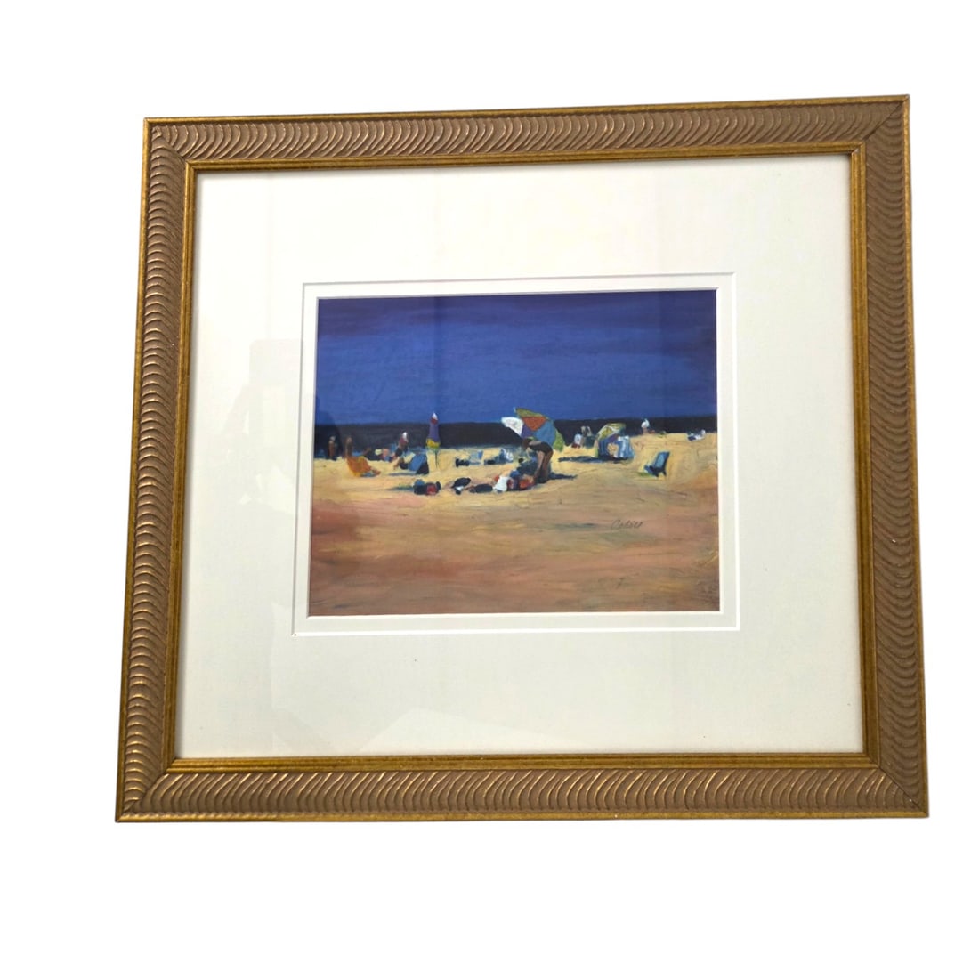 NAPLES BEACH PAINTING W/ UMBRELLAS by CAHILL 17.5": Painting of Naples Beach scene with Umbrellas by S. Cahill. Encaustic painting on paper. Site size: 8"H x 10" W. Signed lower Left. . Double rag mat under glass with 1.25" gold tone ( ribbed panel)