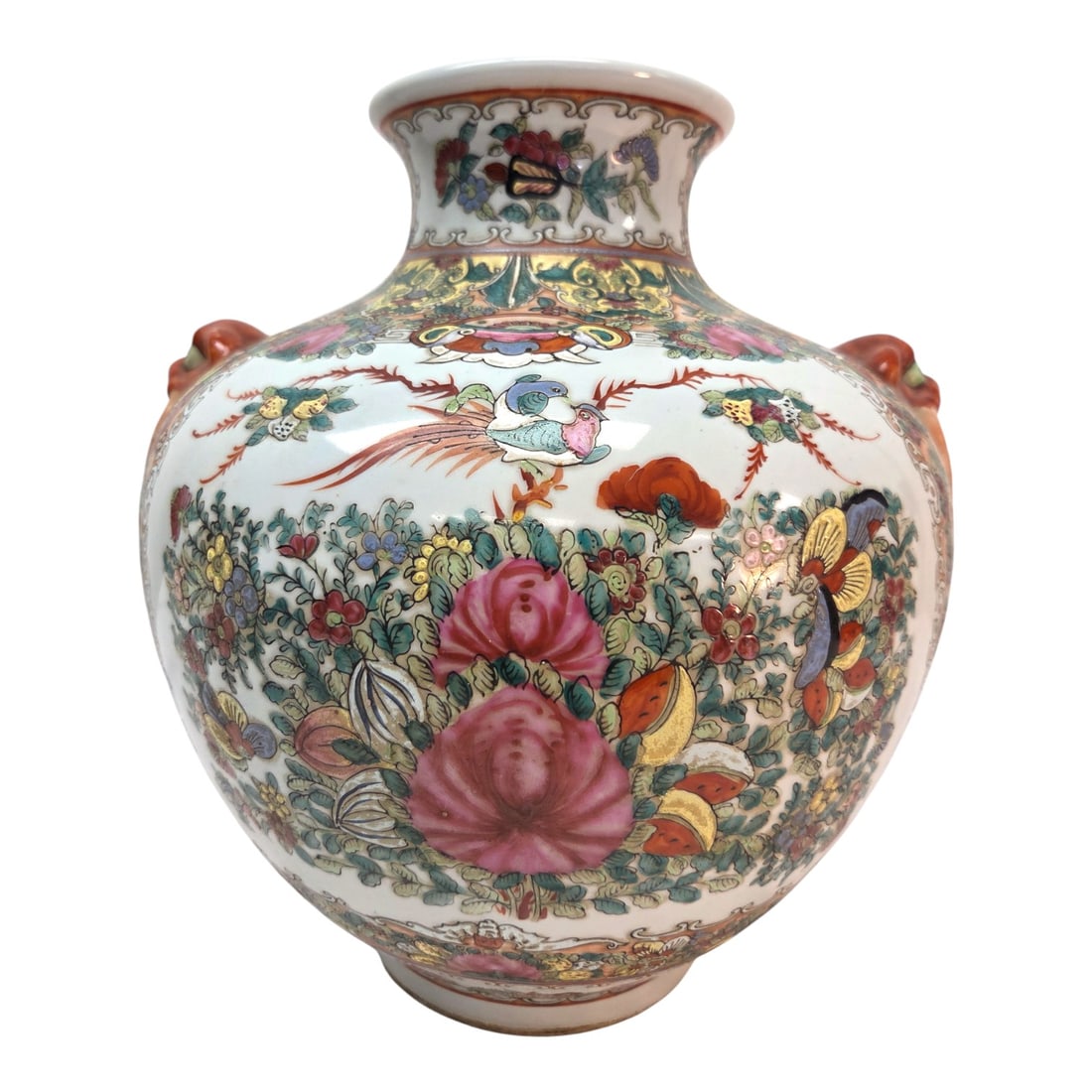 CHINESE FAMILLE ROSE VASE: Famille Rose vase elaborately decorated with floral and figural patterns with animal like mask-ring handles. Measuring 14" H x 12" W. Good condition. SHIPPING NOTE: Live Auctioneers offers a very