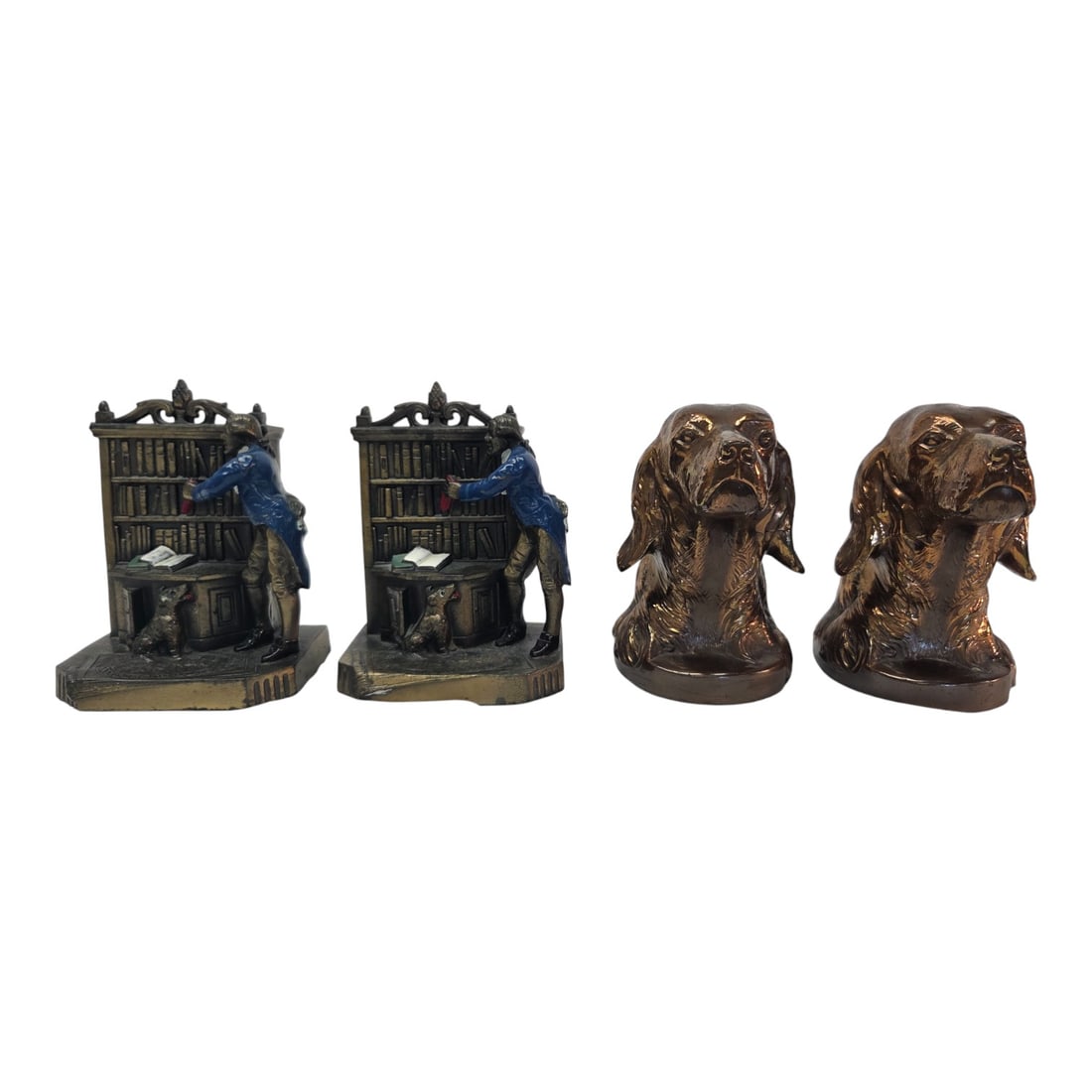 2 SETS OF BOOKENDS - SCHOLAR & IRISH SETTERS: Lot consisting of two sets of bookends. Bronzed plated Irish Setter dog heads stamped with PMC Philadelphia Metal Company and original sticker on bottom. Measures 6" H x 5"W; and brass (painted) Schol
