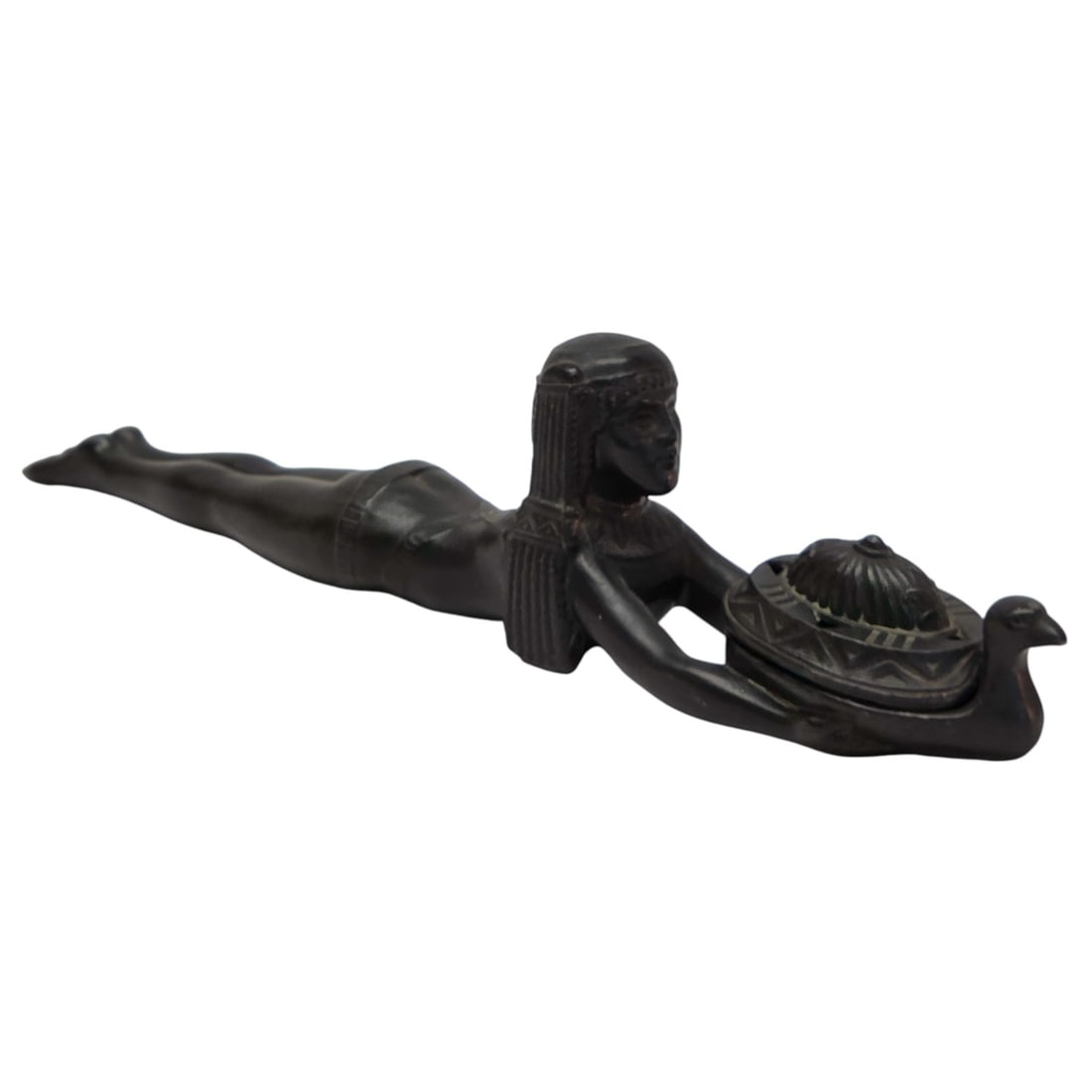 ART DECO EGYPTIAN REVIVAL INCENSE BURNER: Art Deco Egyptian revival metal incense burner measuring 3" H x 14"W x 2"D. No stamps or makers mark. Good condition. SHIPPING NOTE: Live Auctioneers offers a very convenient shipping option. For a