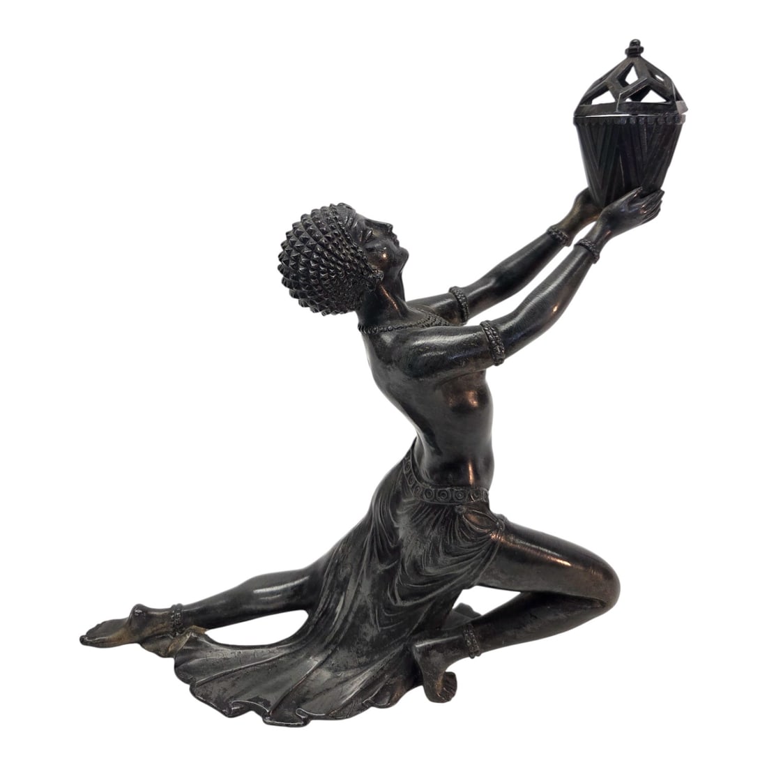 VANTINES ART DECO EGYPTIAN INCENSE BURNER: Vantines Art Deco Egyptian revival figural metal incense burner. Stamps on bottom. Measures 11" H x 95" W x 3" D. Good Condition. SHIPPING NOTE: Live Auctioneers offers a very convenient shipping opti