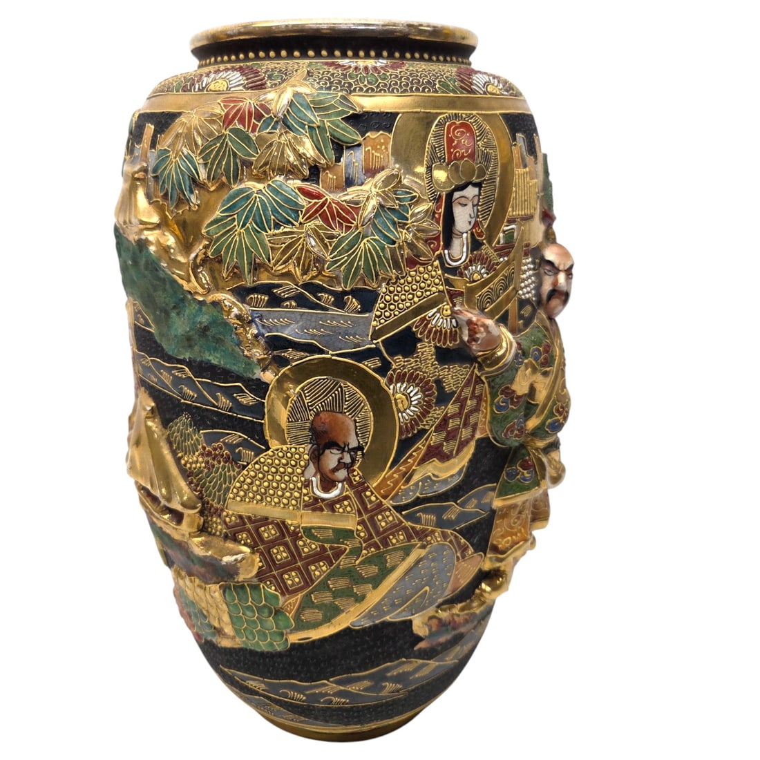 JAPANESE SATSUMA WARE VASE: Cream colored pottery with polychrome enamel over a crackle glaze design with relief figures of trees and gilt details. Late 19th early 20th C. 1" hairline crack at rim, small wear to gilding other wi