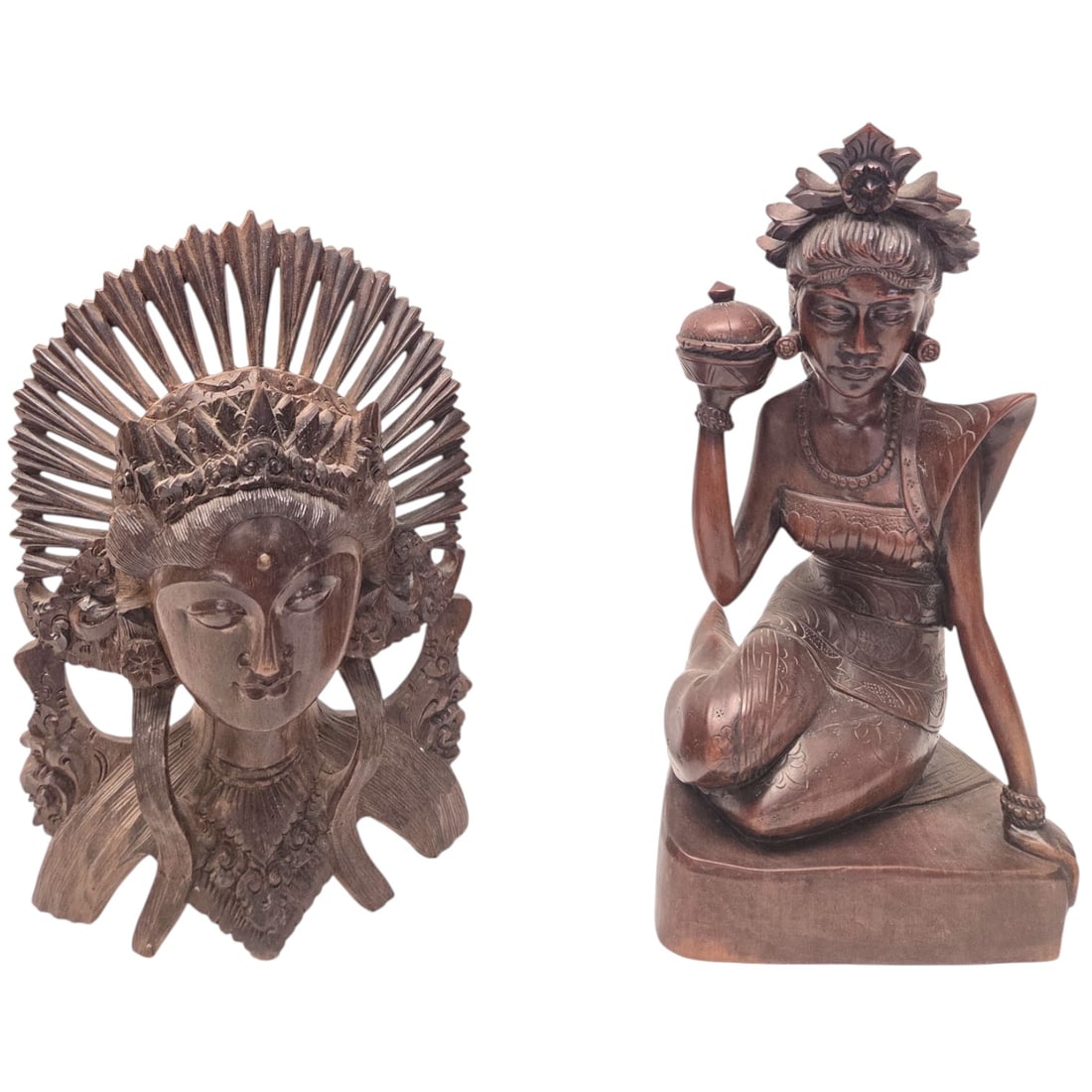 PR HAND CARVED BALINESE WOODEN FIGURES: Hand carved, two highly detailed figures depicting a female deity or woman holding an offering, and female bust. Good condition. No cracks to wood. Largest measures 12"H x 9'W x 7"D. SHIPPING NOTE: