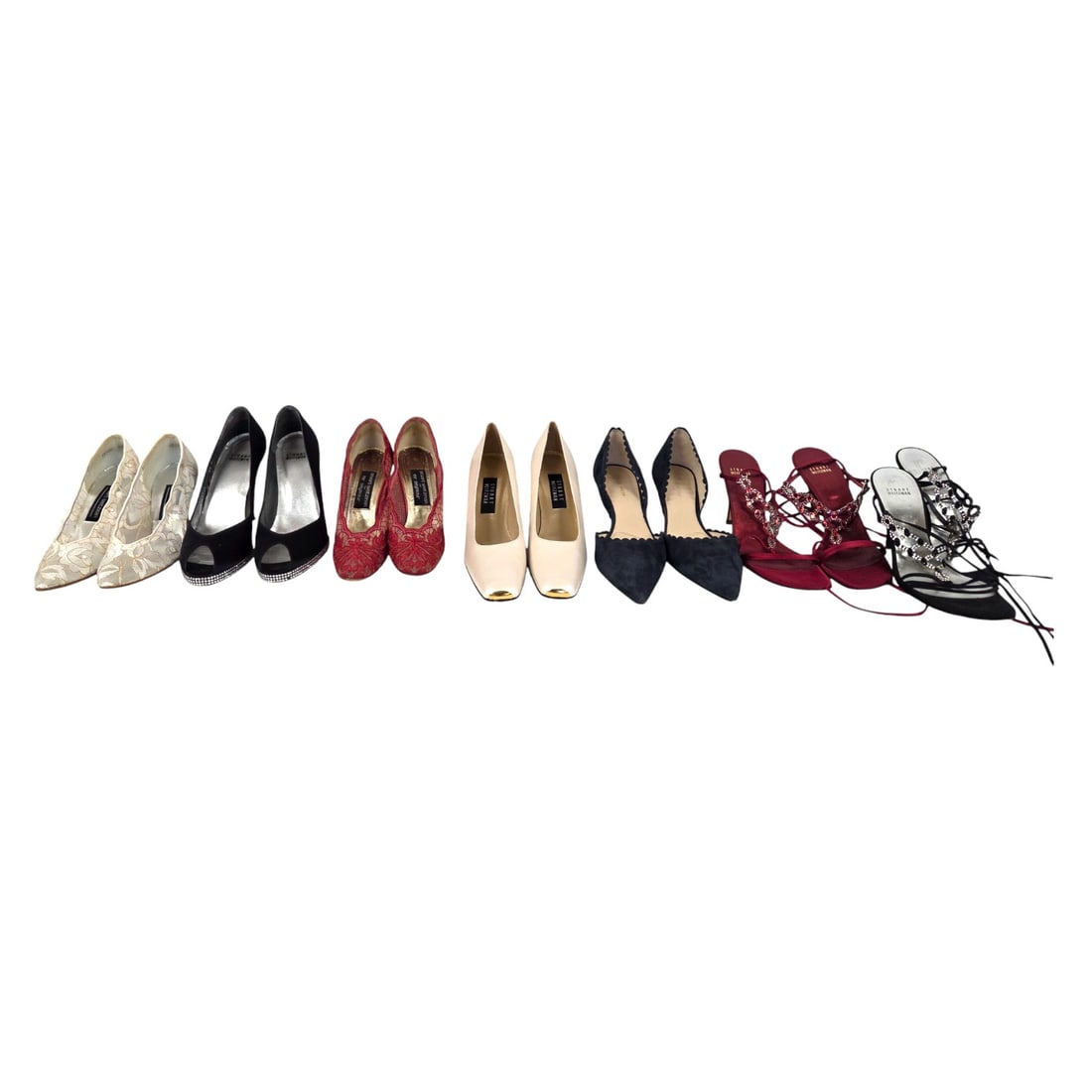 7 PR. LADIES SHOES- WEITZMAN ETC.: Lot of 7 pair of women's shoes consisting of Stuart Weitzman, & Pelle Moda. (1) Weitzman black satin peep-toe pump with crystal edging & 4.25" heel. Size 9.5 N. (2) Weitzman lace pump with 2.5" heel.