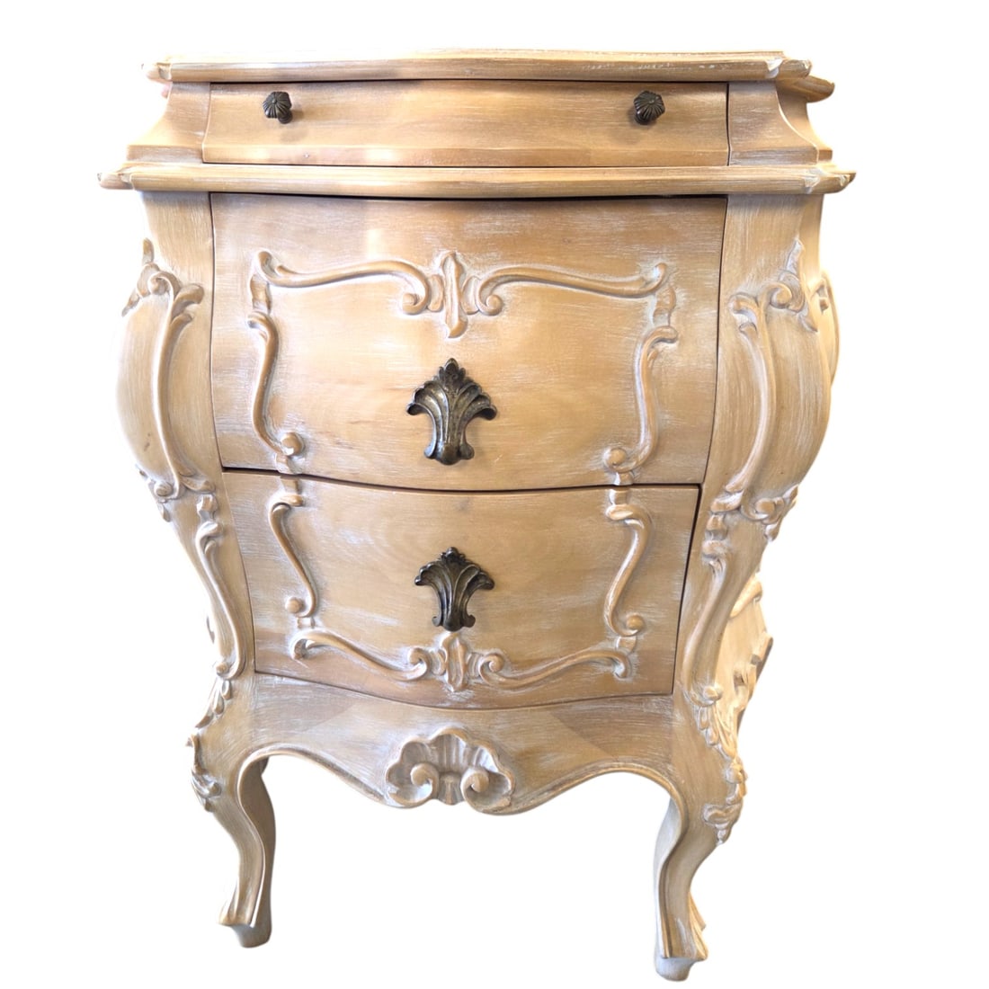 PETITE ITALIAN ROCOCO -STYLE 3 DRAWER CHEST: A petite Italian Rococo-style 3-drawer chest, 1 thin drawer over two larger, with bleached finish and soft white highlights. Good condition. 26.5" T x 22" W x 11" D.