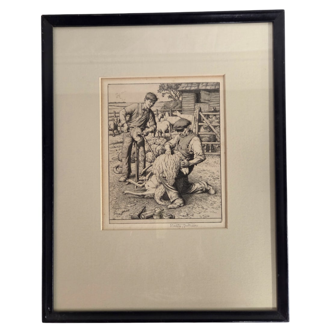 A. CHARLES STANLEY ANDERSON "SHEEP SHEARING" PRINT: Alfred Charles Stanley Anderson (1884-1966) "Sheep Shearing" etching print. Signed in pencil. Good condition. Site size: 7.5"H x 6 "W. 2.5" single rag mat under glass with .5" black wood frame. Outsid