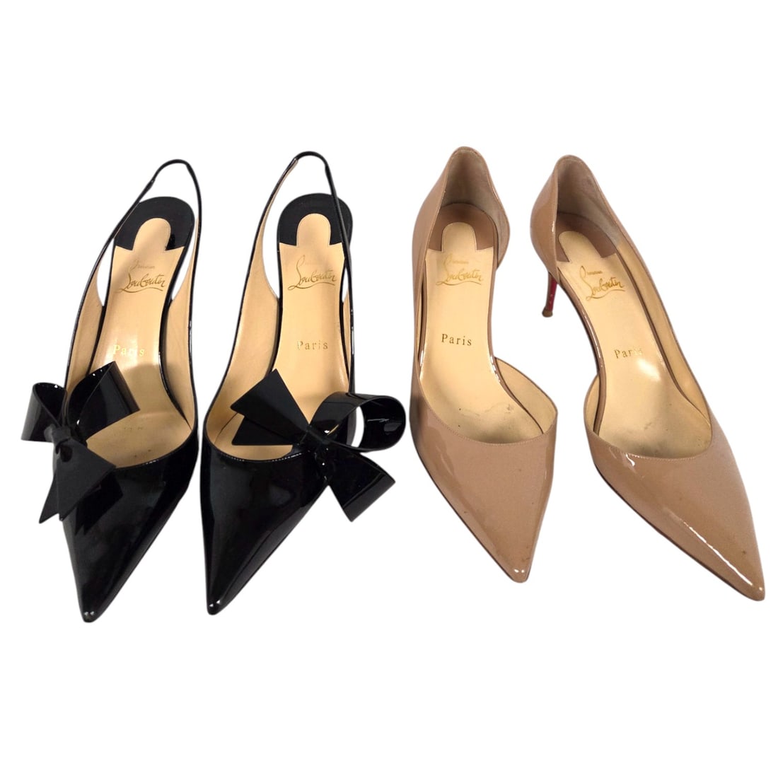 TWO PAIR LADIES SHOES CHRISTIAN LOUBOUTIN: Two pair of Christian Louboutin stilettos consisting of a pair of Clare Nodo black patent leather sling back pumps and a pair of Iriza patent leather nude pumps with a cut out side. Black heels have