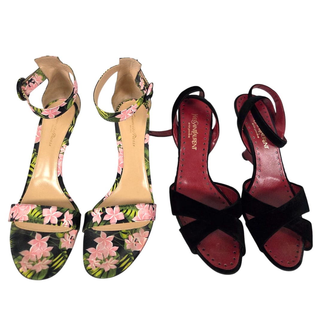 TWO PAIR LADIES SHOES-YSL & GIANVITO ROSSI: A pair of vintage (2003) Yves Saint Laurent Rive Gauche wedge sandals with black velvet cross straps. Size 39 (9). Wear to soles otherwise good condition.A pair of Gianvito Rossi Portofino 70 sandals