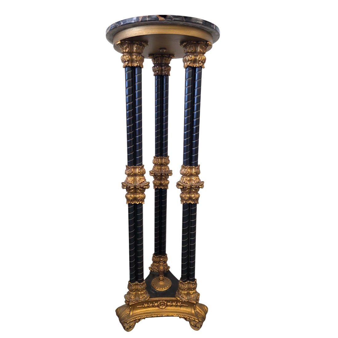 NEOCLASSICAL STYLE BLK & GOLD PEDESTAL STAND: Neoclassical style black and gold pedestal stand. Features a round black marble top with gold tone veining. Measures 34" H x 12" W. Small crack in marble top. See photos. SHIPPING NOTE: Live