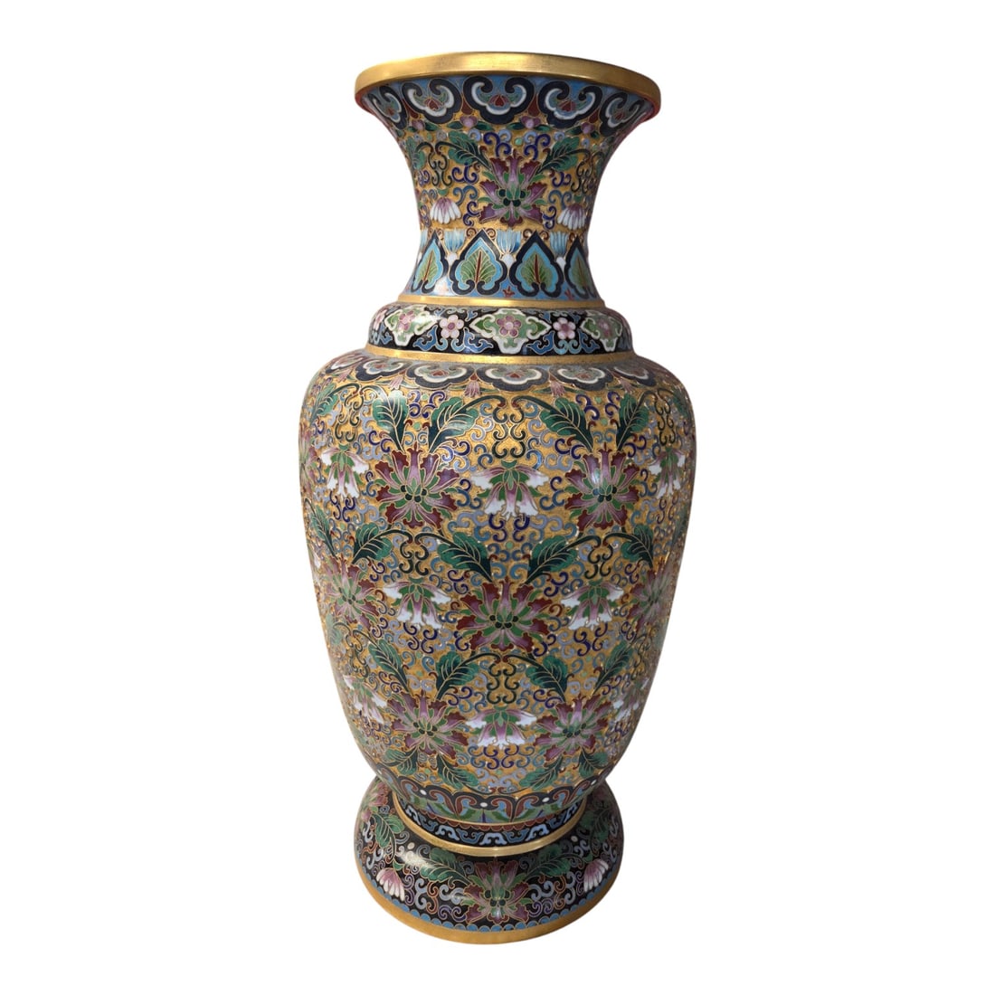 CHINESE CLOISSONE VASE 20": A Chinese 20" Cloissone vase with gilded metal and an all over floral decoration. Measures 20" x 10". Unmarked. Good condition. SHIPPING NOTE: Live Auctioneers offers a very convenient shipping