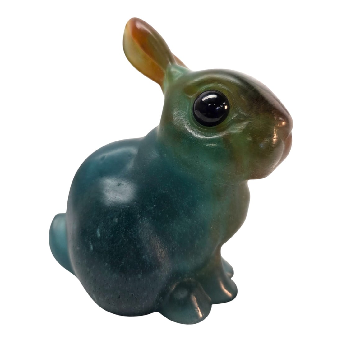 DAUM FRANCE BLUE PATE DE VERRE RABBIT FIGURINE: Daum France Pate de verre (glass paste) rabbit with deep blue cabochon eyes. Acid etched signature on bottom. Measures 4.5" H x 8" W. Good condition. SHIPPING NOTE: Live Auctioneers offers a very