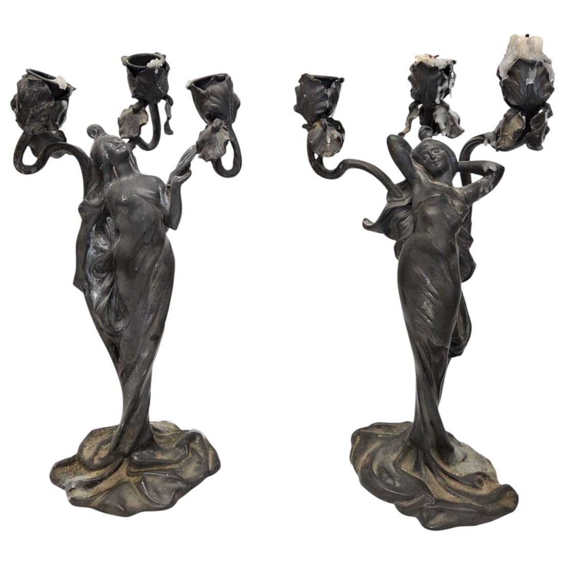 2 ART NOUVEAU FIGURAL CANDELABRAS: Pair of Art Nouveau (3 holders) candelabras of draped feminine figures made from patinated metal. Stamp on bottom "JMPERIAL ZINN B &C" and numbers 4646. One figure measures 14"H x9"W x 6"D, the other