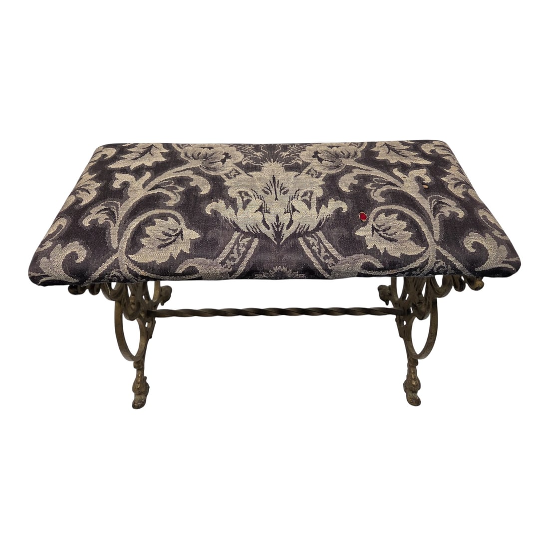 VINTAGE LYRE HARP WROUGHT IRON BENCH: Vintage Lyre Harp wrought iron bench with upholstered seat. Measures 16"H x 24"W x 11.5"D. Several holes on top of fabric. See photos. SHIPPING NOTE: Live Auctioneers offers a very convenient