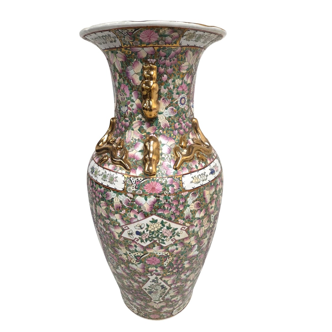 CHINESE ROSE MEDALLION FLOOR VASE 37": Later 20th Century Chinese Rose Medallion floor vase with court scene front and back, gilded stylized mythological animals for handles and at neck of vase. Good condition. SHIPPING NOTE: Live