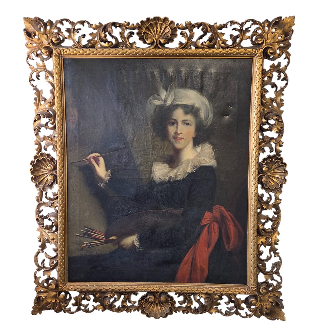 AFTER PORTRAIT PAINTING OF ELISABETH VIGEE LEBRUN: A portrait painting of French painter Elisabeth Vigee Lebrun after Elisabeth Vgee Lebrun. Oil on canvas. Site size 38.5"H x 31" W. Outside 43"W x 52" W. Painting was not examined out of frame. View