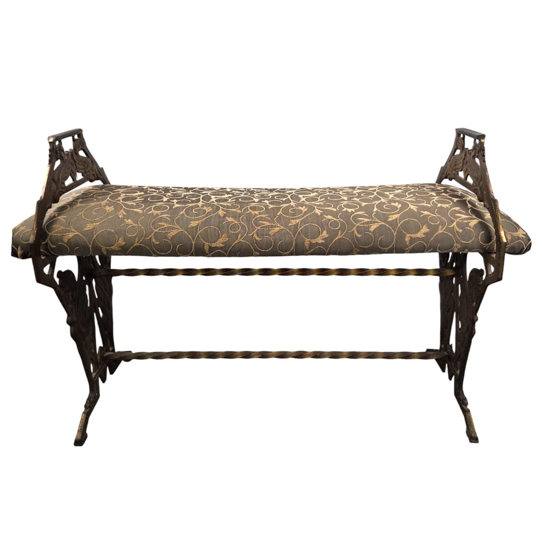 ART NOUVEAU BRASS METAL BENCH W/FABRIC SEAT: Art Nouveau brass metal (twisted design) bench with upholstered seat measures 24" H x 36"W x 14.5"D. Some minor discoloration throughout fabric. SHIPPING NOTE: Live Auctioneers offers a very