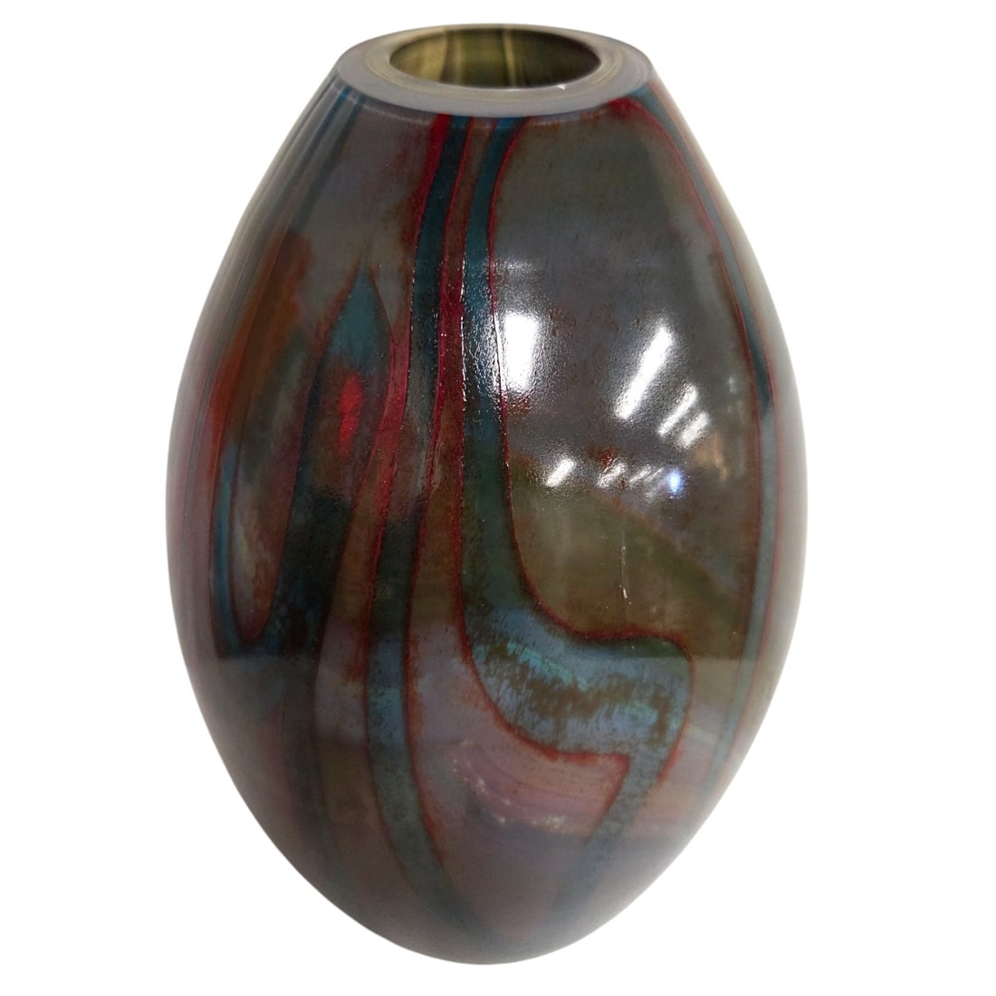 MURANO ART GLASS VASE BY OSCAR ZOMETTI: Murano Art Glass vase by Oscar Zometti. Ovoid with lip cut on the diagonal. Olive, red, teal, blue, lavender Signed on base, Zometti and labeled, "Vases-Milab-55-4903, Murano Glass Calcedonia Vase"