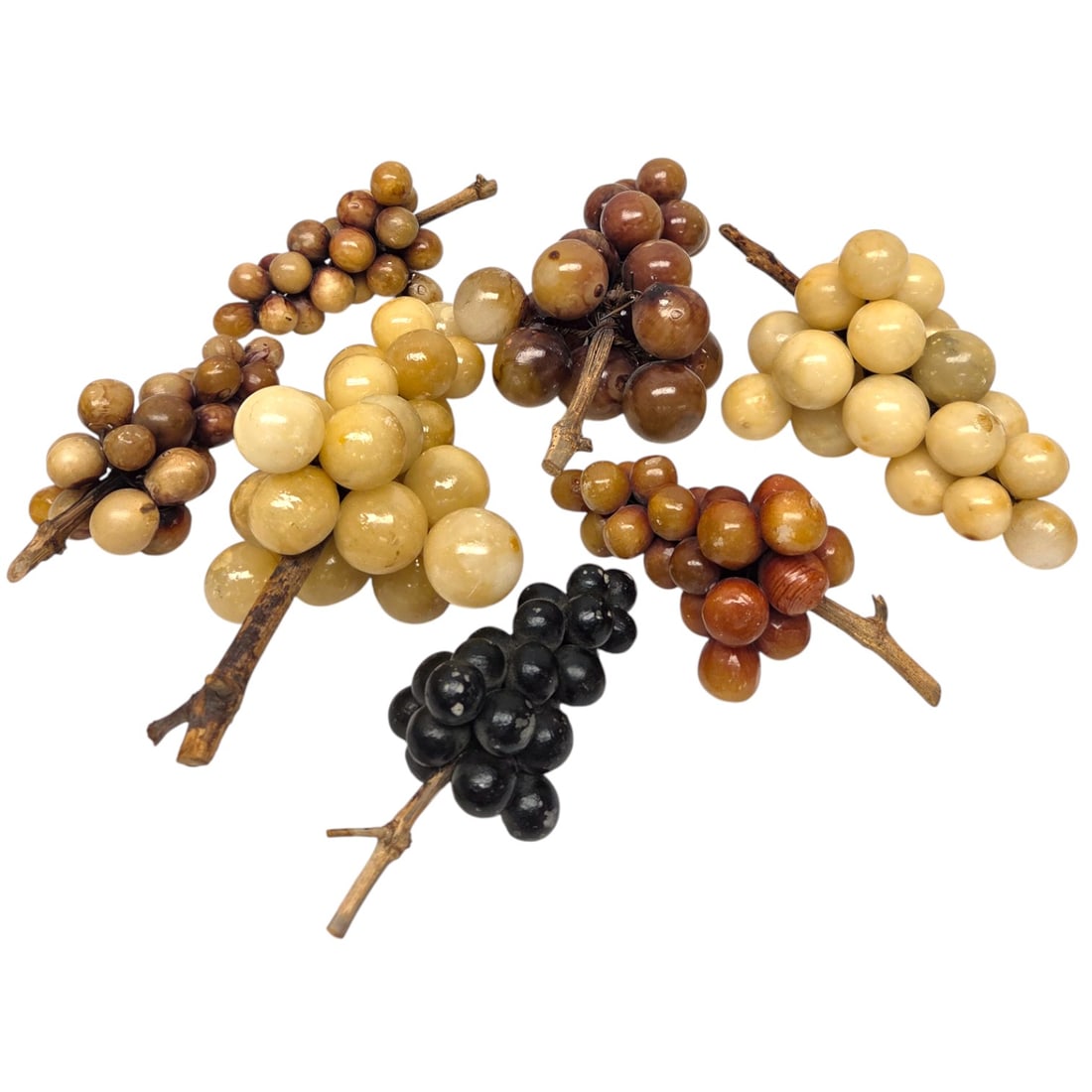 7 PC COLLECTION OF ALABASTER GRAPES- LG/SMALL: 7 piece grouping of carved alabaster grapes. Collection includes 3 larger grapes sets, and 4 smaller grape sets, in a variety of neutral earth tones . See photos. Each Large grape measure