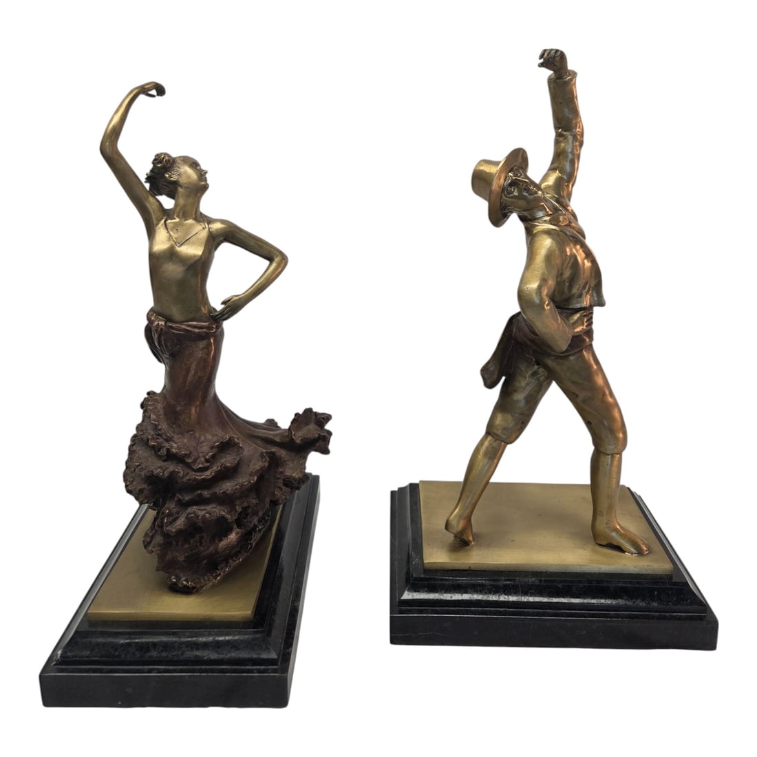 PAIR OF BRASS DANCING FIGURINE BOOKENDS: Pair of brass dancing man and woman figurines with marble base produced by Maitland- Smith. Both measure 14.5" H x 5.5"W x 8"D SHIPPING NOTE: Live Auctioneers offers a very convenient shipping