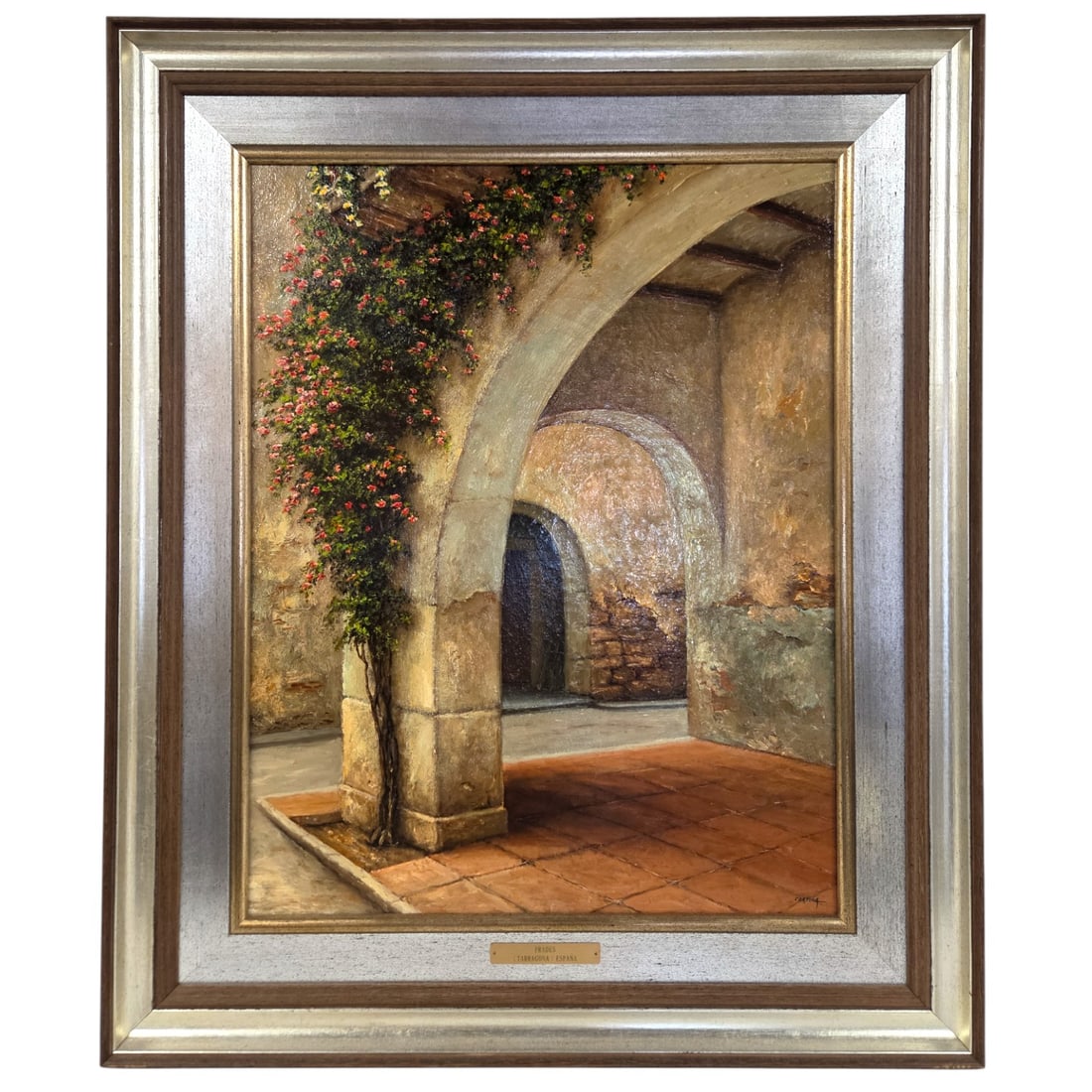 "PRADES" PAINTING ON CANVAS BY MAXIMO CORTINA: "Prades" Painting on canvas by Maximo Cortina. Site size 27.5" H x 21.5"W. Outside size 38" H x 31.25" W. Framed with 5" silver tone and wood frame. Signed lower right. Was not examined out of
