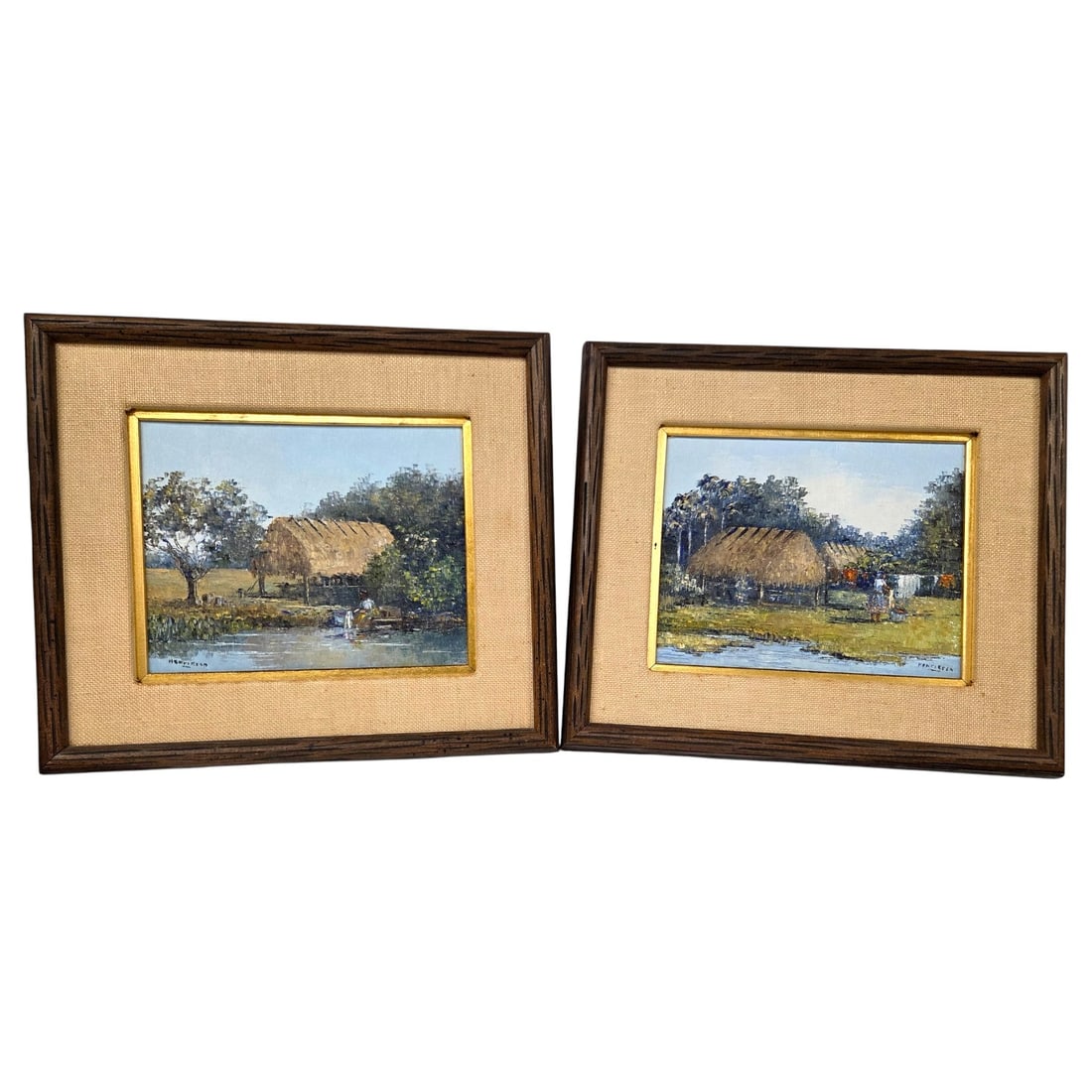 2 JEAN HENRIKSEN OIL PAINTINGS FL MICCOSUKEE INDIA: Two oil on canvas paintings depicting Florida Miccosukee Indian village scenes. Both signed lower right, Henriksen. Frame height 13.5" H x 15.5" W. Frame 1.5". Inside 8"H x 9.5" W. Good