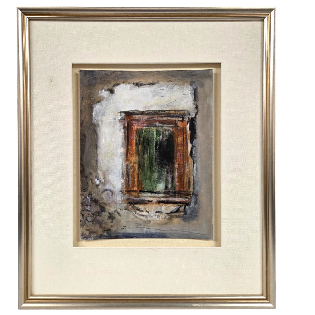 ABSTRACT DOOR/ WINDOW PAINTING ON CANVAS: Abstract door/window painting on canvas. Artist unknown. No signature. Image size 14" H x 11"W. Outside size 24" H x 20.5"W. No Glass. Floated on fabric mat with additional 3.25" fabric mat around