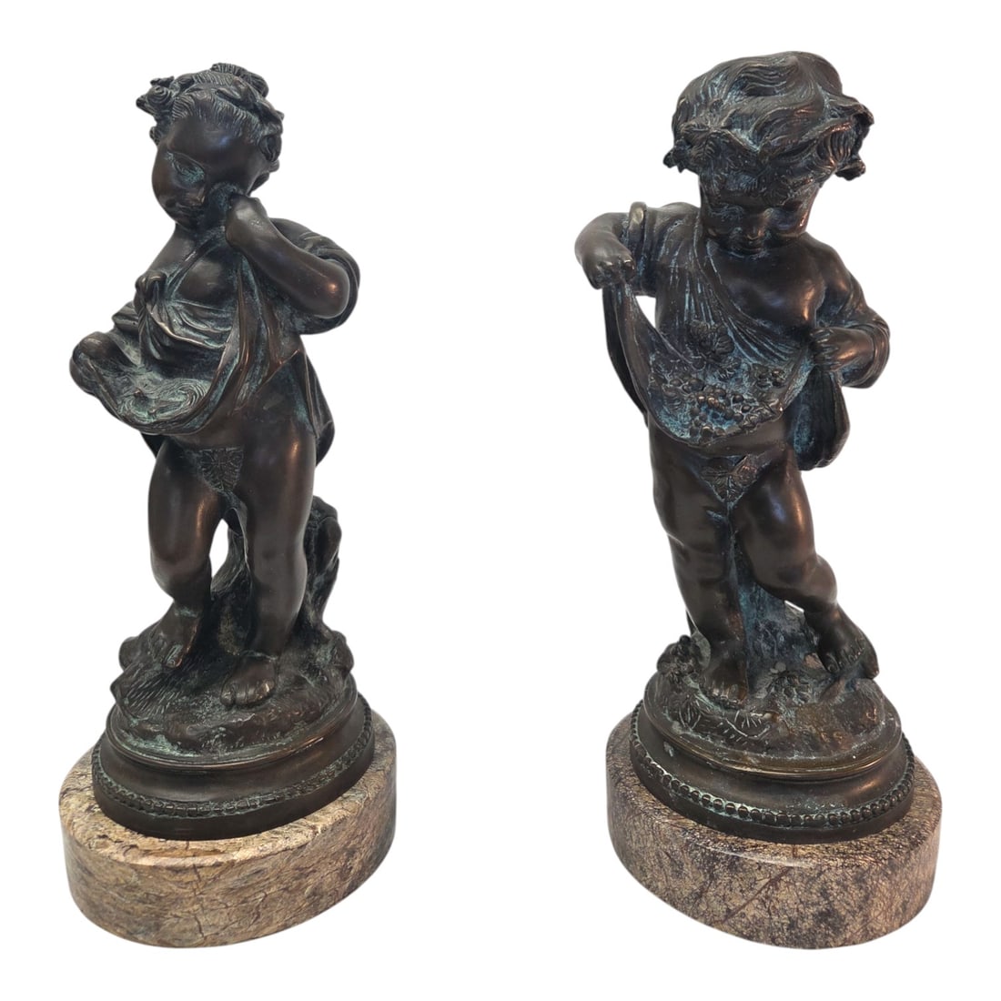 PAIR OF THEODORE ALEXANDER BRONZE SCULPTURES: Pair of Theodore Alexander bronze sculptures of boy and girl. Both with marble base. Measures 13"H x 6"W.SHIPPING NOTE: Live Auctioneers offers a very convenient shipping option. For a second opinion,