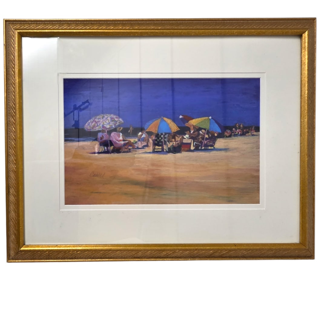 NAPLES BEACH PAINTING SCENE BY CAHILL 20" x 26.5": Naples Beach Scene with Umbrellas by Sally Cahill. Signed lower right. Encaustic painting on paper. Image size: 11.5" H x 17"W. Single rag mat under glass with 1.75" gold ribbed panel frame. Outside