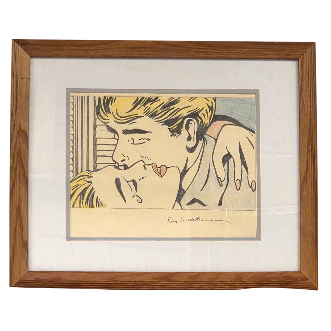 AFTER LICTENSTEIN STUDY FOR KISS COLORED PENCIL: After Roy Lictenstein colored pencil on paper "Study for Kiss" 1965 depicting a scene of a meeting sealed with tears and a kiss Outside size Condition-good.18.5", Sight size 11". Frame width 22.5",