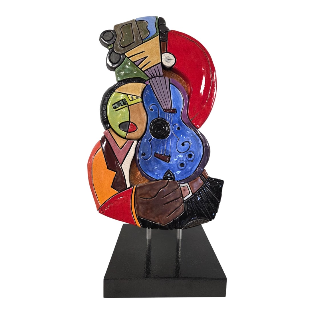 "MR STRINGS" SCULPTURE BY ELLIOT HUBBARD: "Mr. Strings" colorful sculpture by Elliot Hubbard. Measures 23"H x 11" W x 9" D. Title and signature on back. Good condition. SHIPPING NOTE: Live Auctioneers offers a very convenient shipping