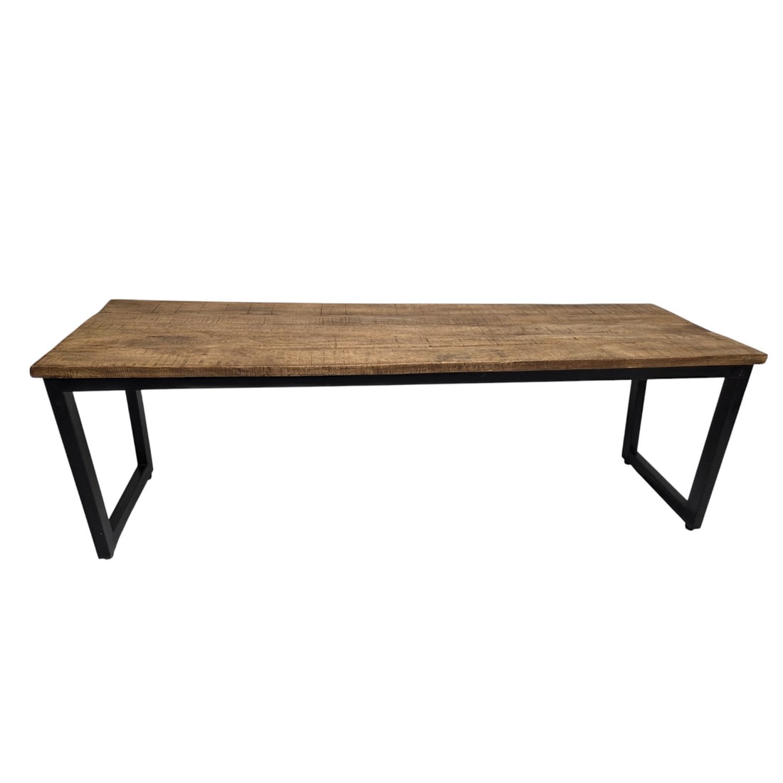 NATURAL WOOD AND METAL COCKTAIL TABLE: A rectangular cocktail table with natural wood distressed top on a black painted metal frame. Measures: 19" x 55" x 15". Condition: Good condition. SHIPPING NOTE: Live Auctioneers offers a very