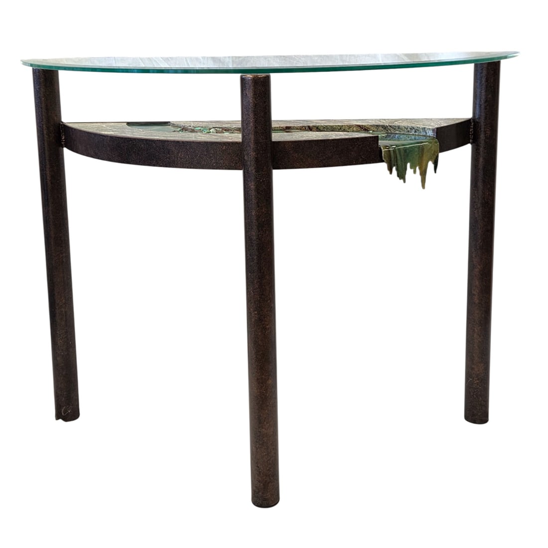 HISCOX "EAST FLORIDA FALLS" HALF-MOON REPOXY RIVER TABLE: Artistic epoxy " East Florida Falls" hand made art table by artists Joanne and Art Hiscox. Retired. Glass removable top. Good condition. Measures 30"H x 40"W x 15" D. SHIPPING NOTE: Live Auctioneers