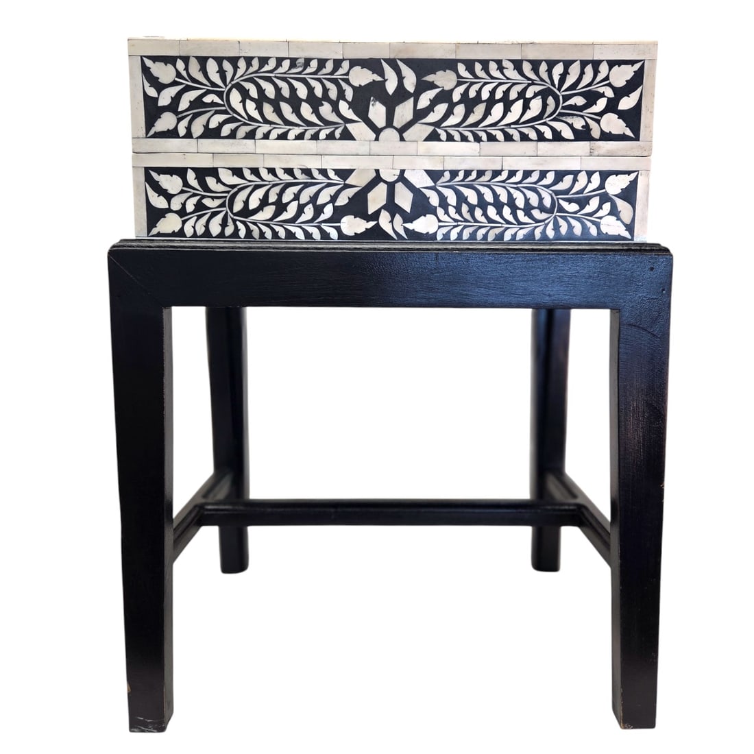 WHITE & BLACK BONE INLAY STORAGE BOX W/ STAND: White and black decorative inlay storage box with fitted black painted wood stand. Box measures: 7" H x 17" W x 11" D. Minor scratches and discoloration due to age and use. SHIPPING NOTE: Live