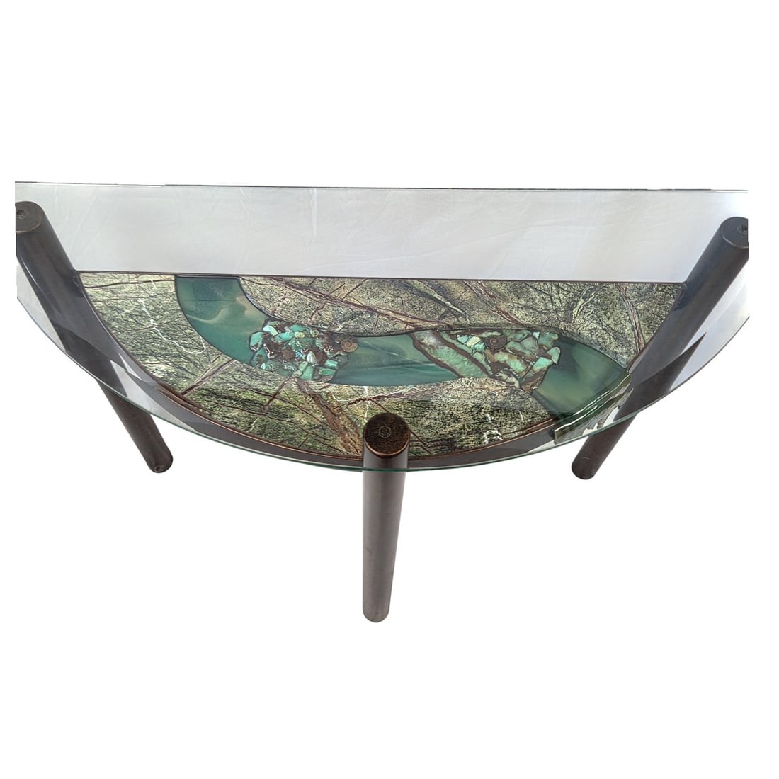 HISCOX "WEST FLORIDA FALLS" HALF-MOON REPOXY RIVER TABLE: Artistic epoxy " West Florida Falls" hand made art table by artists Joanne and Art Hiscox. Glass removable top. Good condition. Measures 30"H x 40"W x 15" D. SHIPPING NOTE: Live Auctioneers offers a