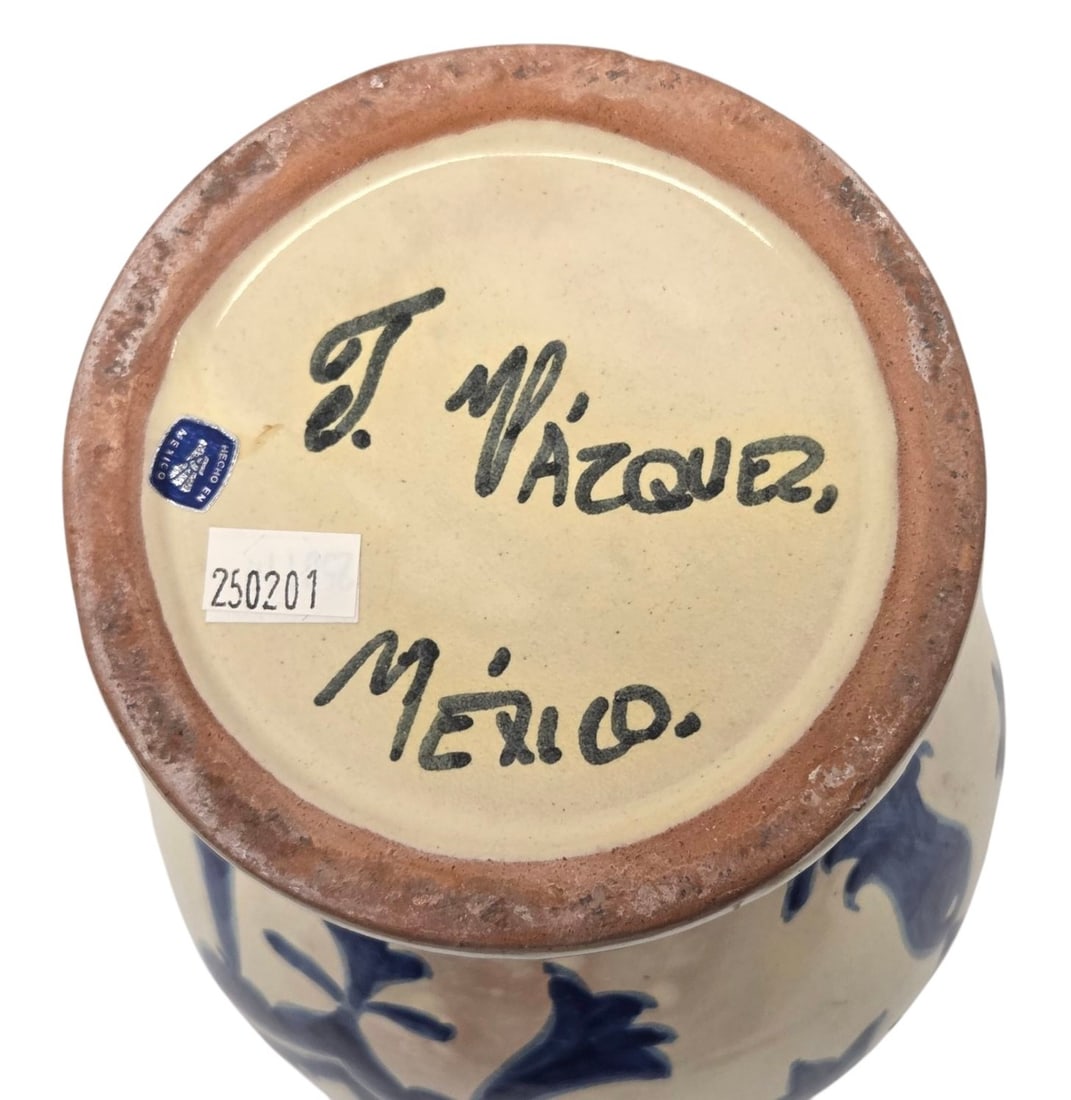 HAND PAINTED TALAVERA SIGNED BLUE/WHT VASE - 8