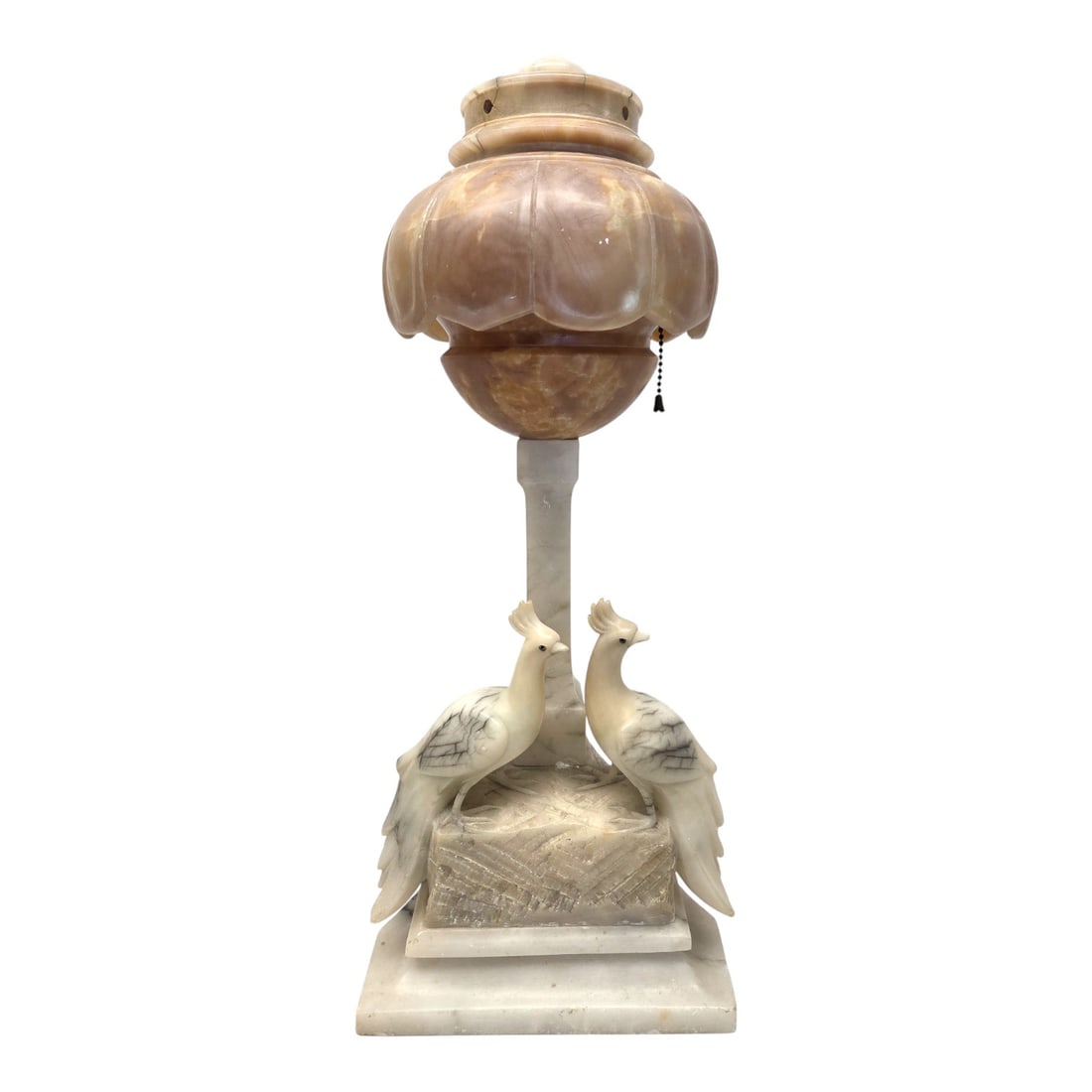 ART DECO CARVED ALABASTER & MARBLE BIRD LAMP: Vintage Art Deco carved alabaster and marble figural bird lamp with shade. Measures 22"H x 9'W x 6"D. Cracks on the top of the alabaster shade. see photos. SHIPPING NOTE: Live Auctioneers offers a ver