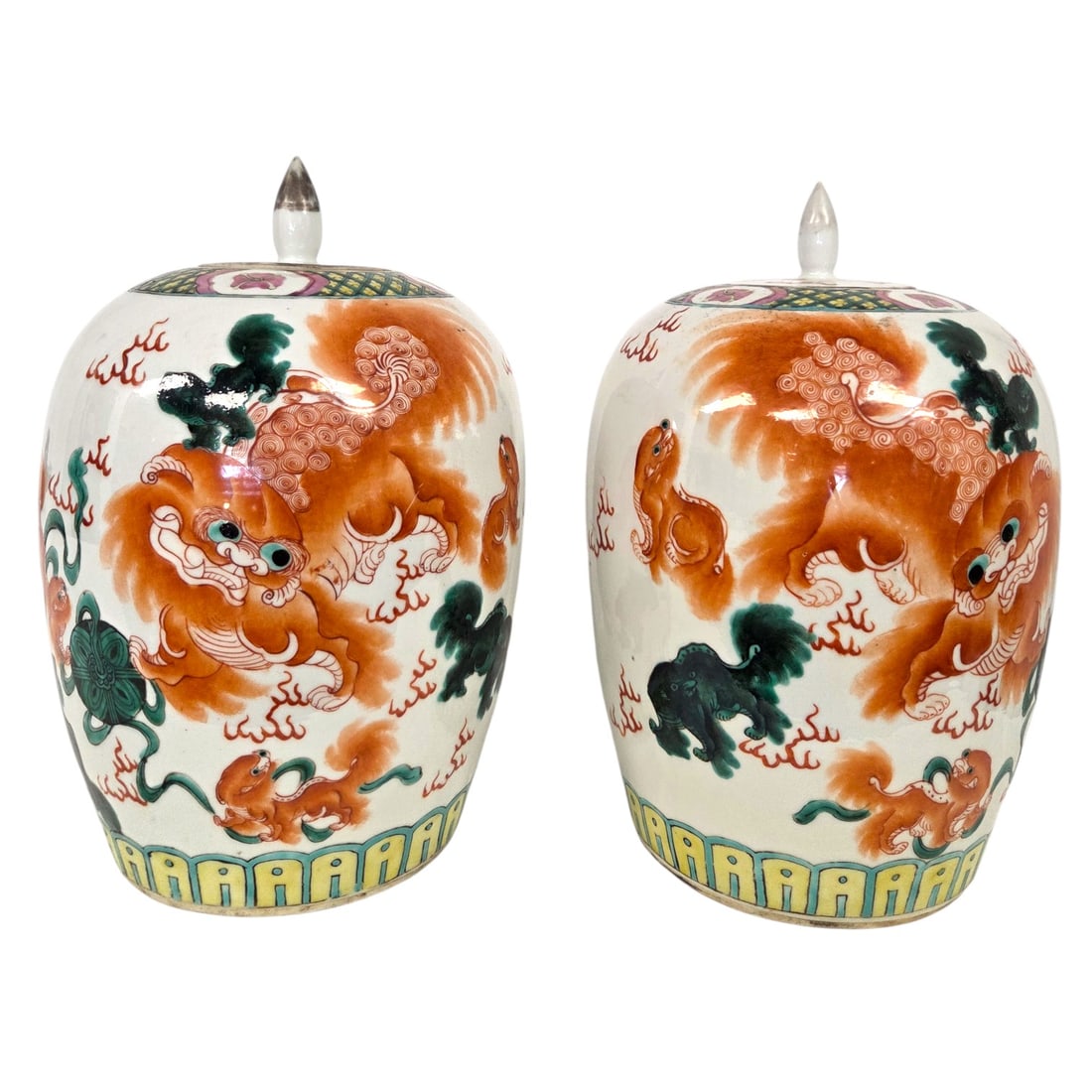 PR OF IRON- RED FOO DOG PORCELAIN GINGER JARS (1 of 13)