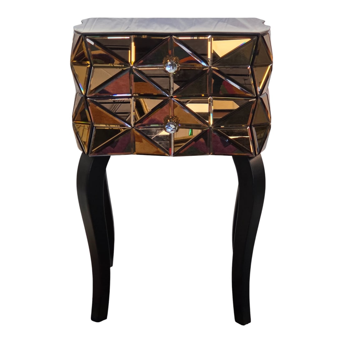 ROSE COLORED MIRROR SIDE TABLE W/ 2 DRAWERS: Unique geometric rose colored mirrored side table with 2 drawers and black painted legs. Measures 29"H x18.5" W x 14.5"D. Minor wear on top surface due to age and use. SHIPPING NOTE: Live Auctioneers