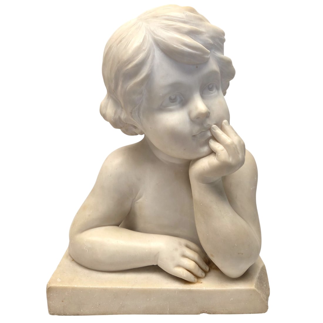 CHERUB MARBLE BUST BY A.CIPRIANI: Marble cherub bust by A. Cipriani. Signature in back. Measures 15" x 11.5" x 8"D. Chip on front of the base left side. See photos. SHIPPING NOTE: Live Auctioneers offers a very convenient shipping