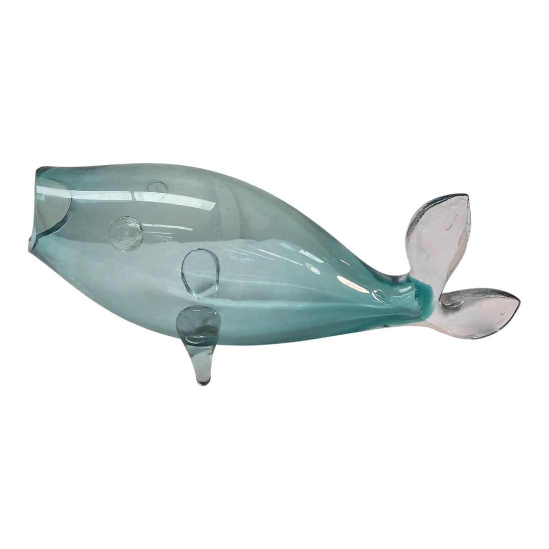 BLENKO GLASS COMPANY GREEN FISH: Blenko glass company glass fish. These pieces are known for their open mouth, which functions as a vase or decanter spout. Measures 8.5"H x 21" W x 6"D. SHIPPING NOTE: Live Auctioneers offers a very