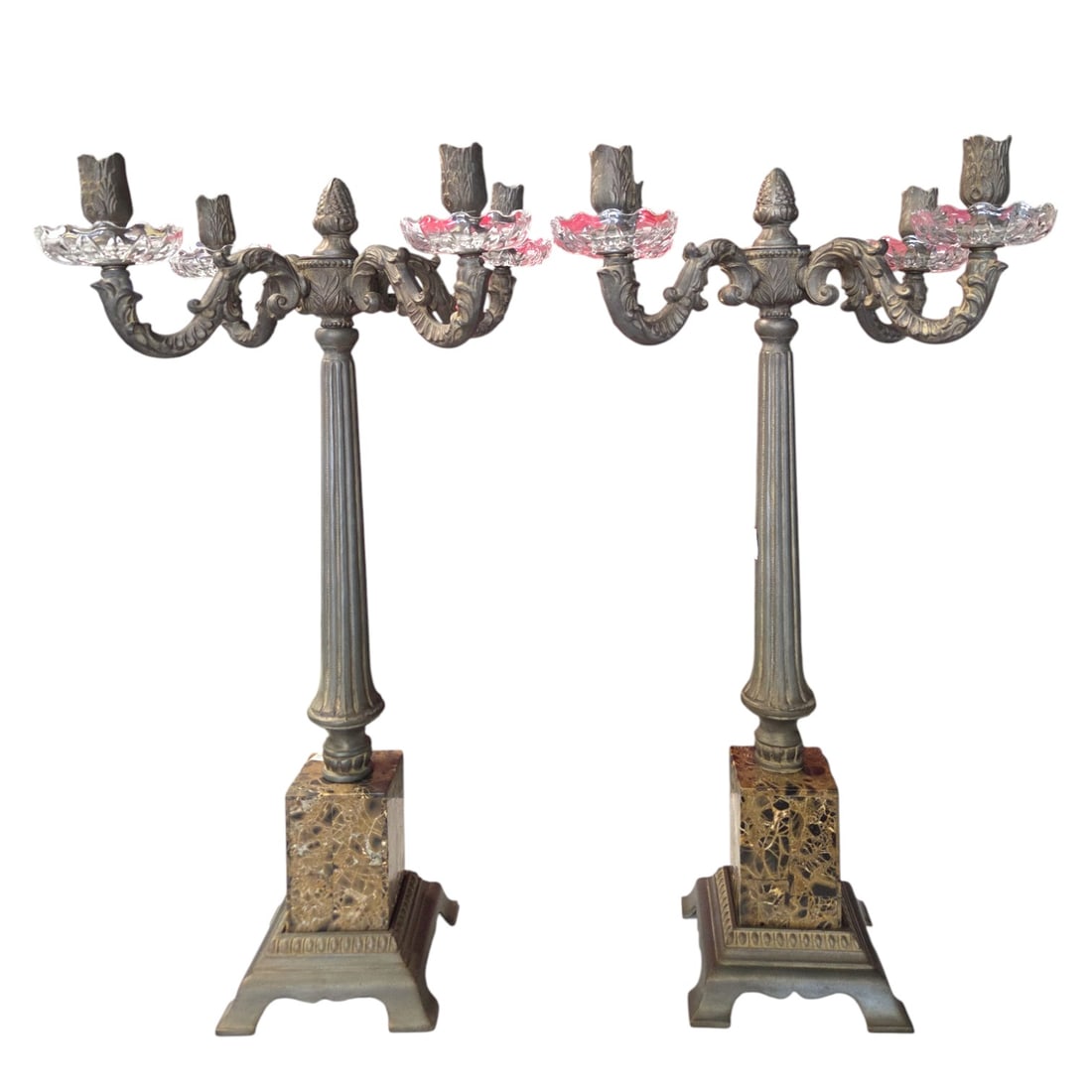 PAIR 4 LIGHT CANDELABRA: A pair of vintage 4 light candelabra. Each with mat grey finish on metal, marble base, and glass boboche. Good condition. 24" T x 12" W. SHIPPING NOTE: Live Auctioneers offers a very convenient shippi