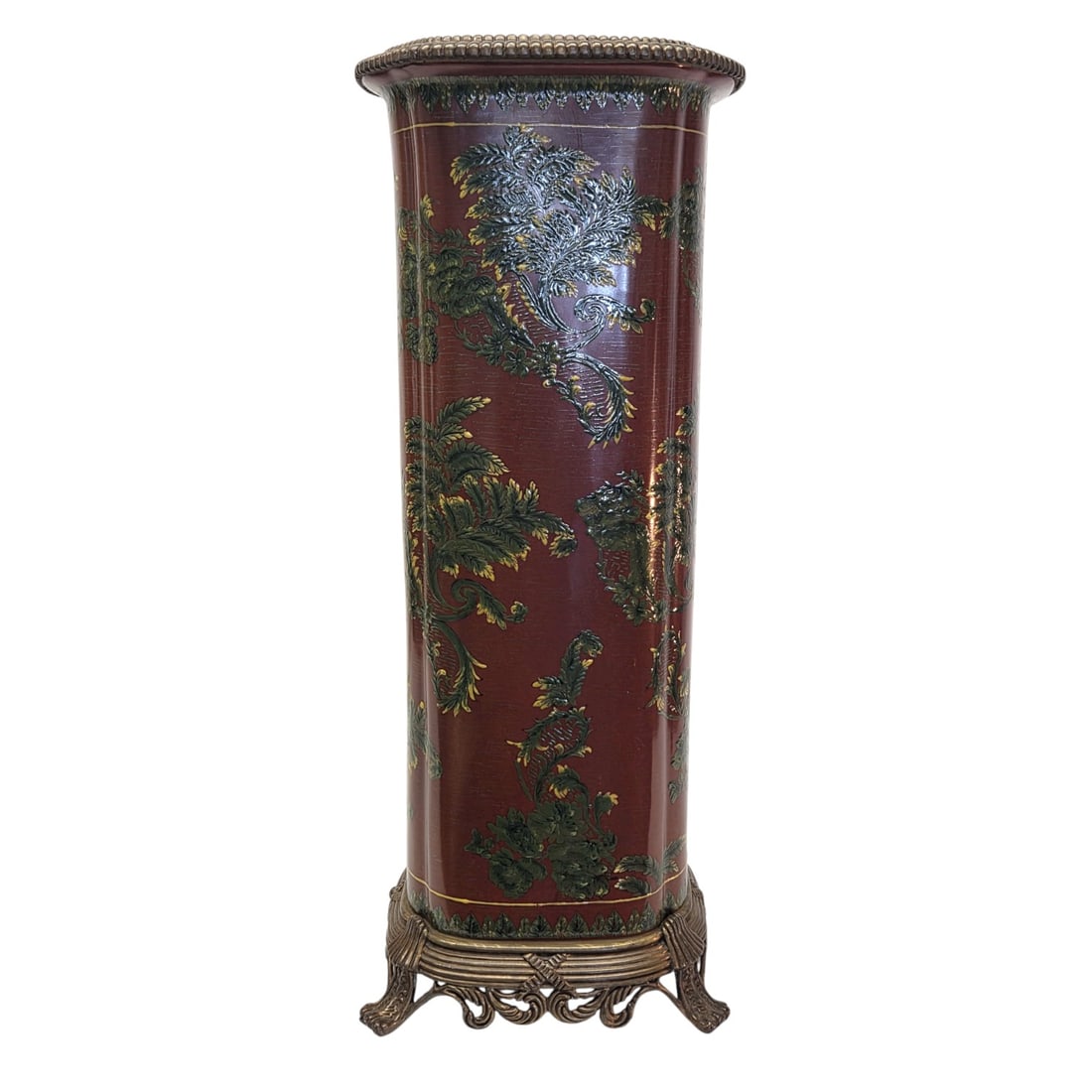 CASTILIAN UMBRELLA STAND OR CANE HOLDER: Castilian ceramic umbrella stand or cane holder with hand painted designs inspired by traditional Chinese themes, and decorative brass top and footed base. See photos. Measures 25" H x 10"W x 9"D.