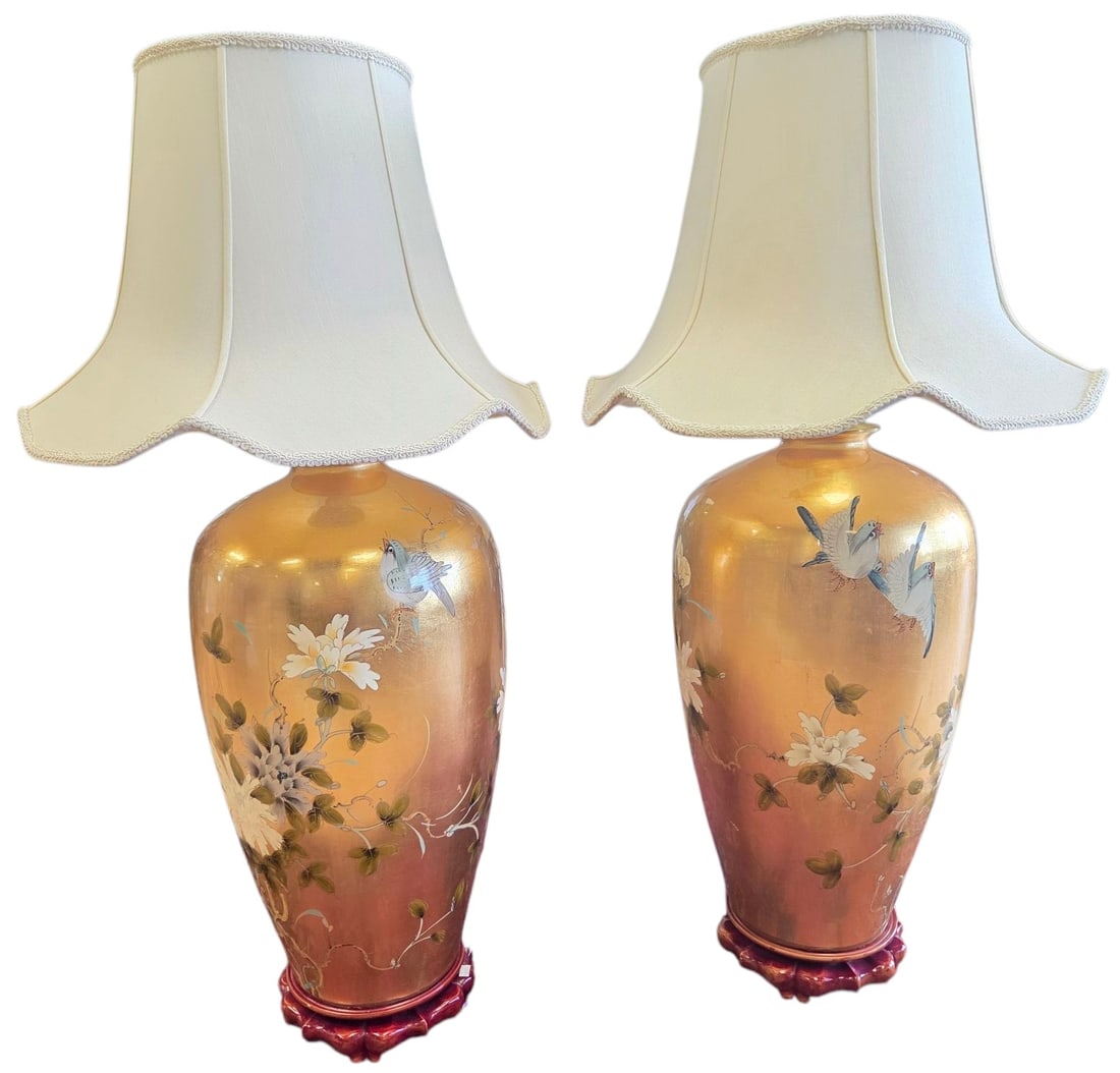 PR 43" GOLD LEAF HOLLYWOOD REGENCY TABLE LAMPS: Pair of large Hollywood regency / Palm Beach vintage style Asian inspired table lamps with gold leaf, bird, and floral design. Each with a 2 1/2" carved wood base. Both measuring 43 1/2" to top of