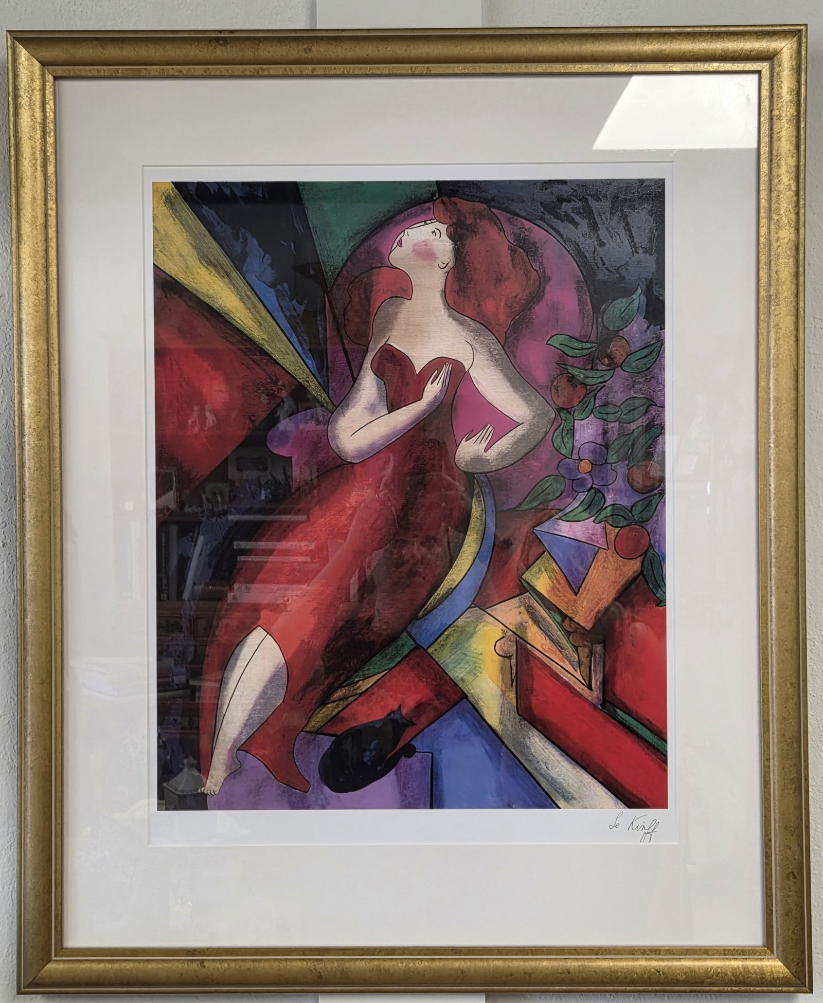 LINDA LE KINFF "ROMANE" SIGNED PRINT ON PAPER: Artist: Linda Le Kinff. "Romane" signed seriolithograph print on paper. Image size: 20"H x 16.5"W. Single rag mat under glass with 1 3/8" gold frame. Outside size: 31"H x 26"W. Very good condition. 