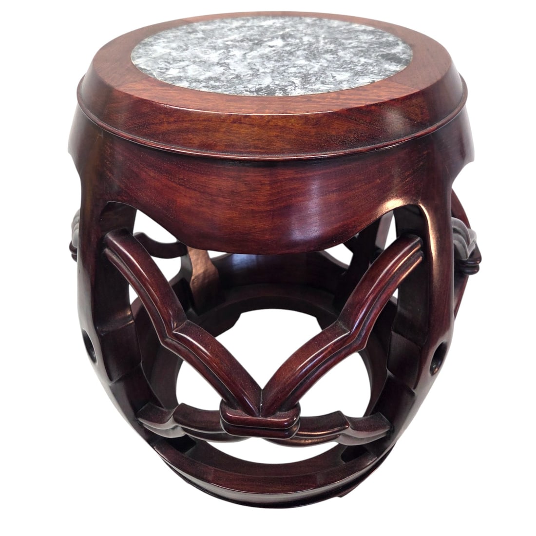 ASIAN WOOD & MARBLE GARDEN SEAT: Asian wood and marble barrel shaped garden seat measuring 22" H x 16" W. Minor wear due to use. SHIPPING NOTE: Live Auctioneers offers a very convenient shipping option. For a second opinion, these