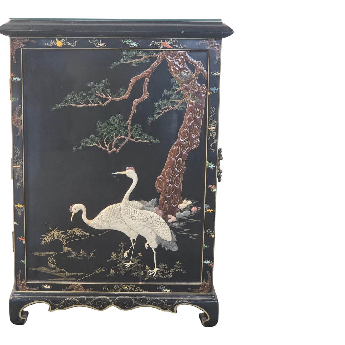 BLACK LACQUER MOP INLAY CABINET: A highly detailed glass top, black lacquer cabinet with mother of pearl inlay. Cabinet opens on both sides with 1 side revealing 10 drawers and the other side an open area. Good condition with no