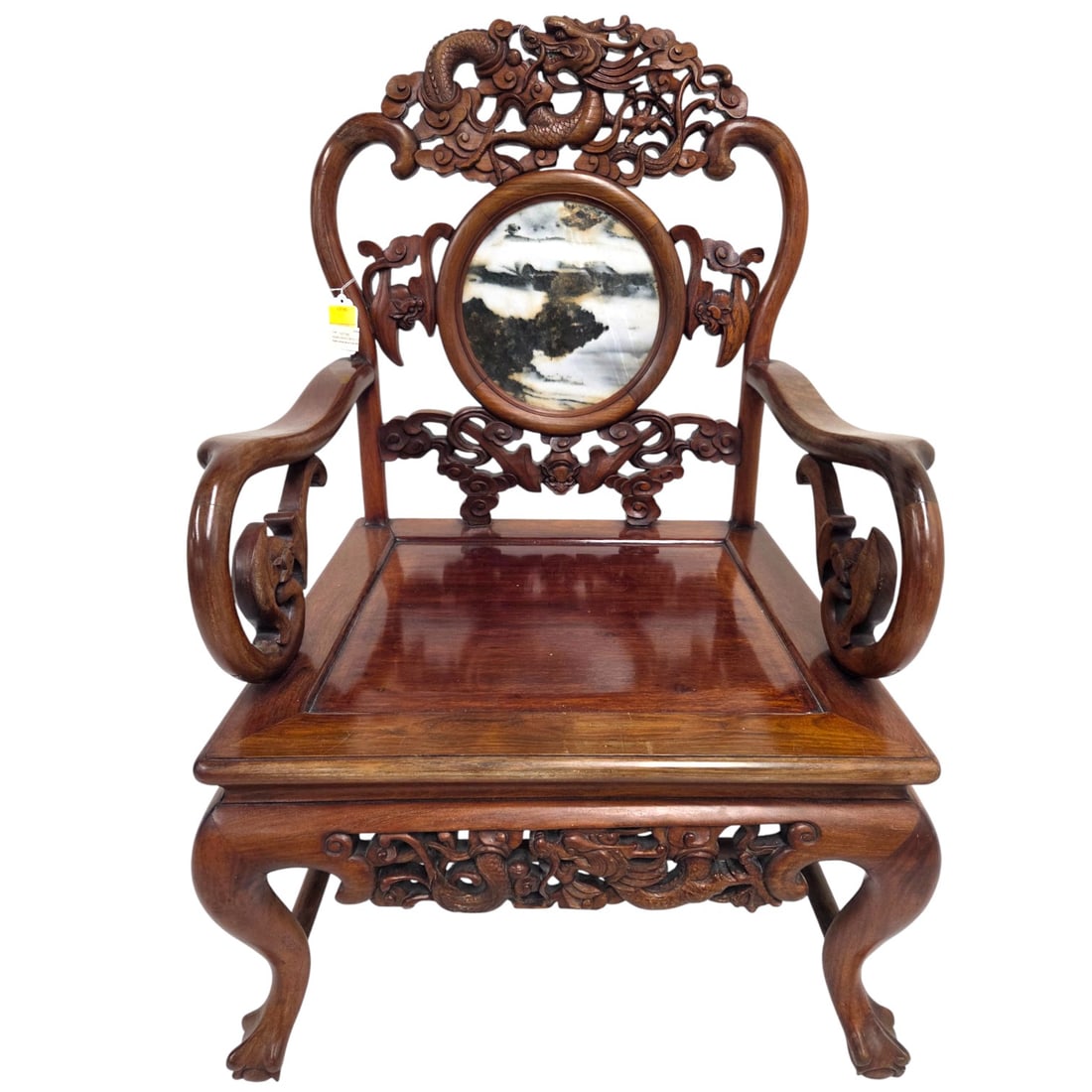 CHINESE CARVED WOOD CHAIR WITH MARBLE INLAY: Chinese carved wood chair with marble inlay back splat. Measures 37.5 H x 25 W x 21" D. Weight 35-40 Lbs. SHIPPING NOTE: Live Auctioneers offers a very convenient shipping option. For a second