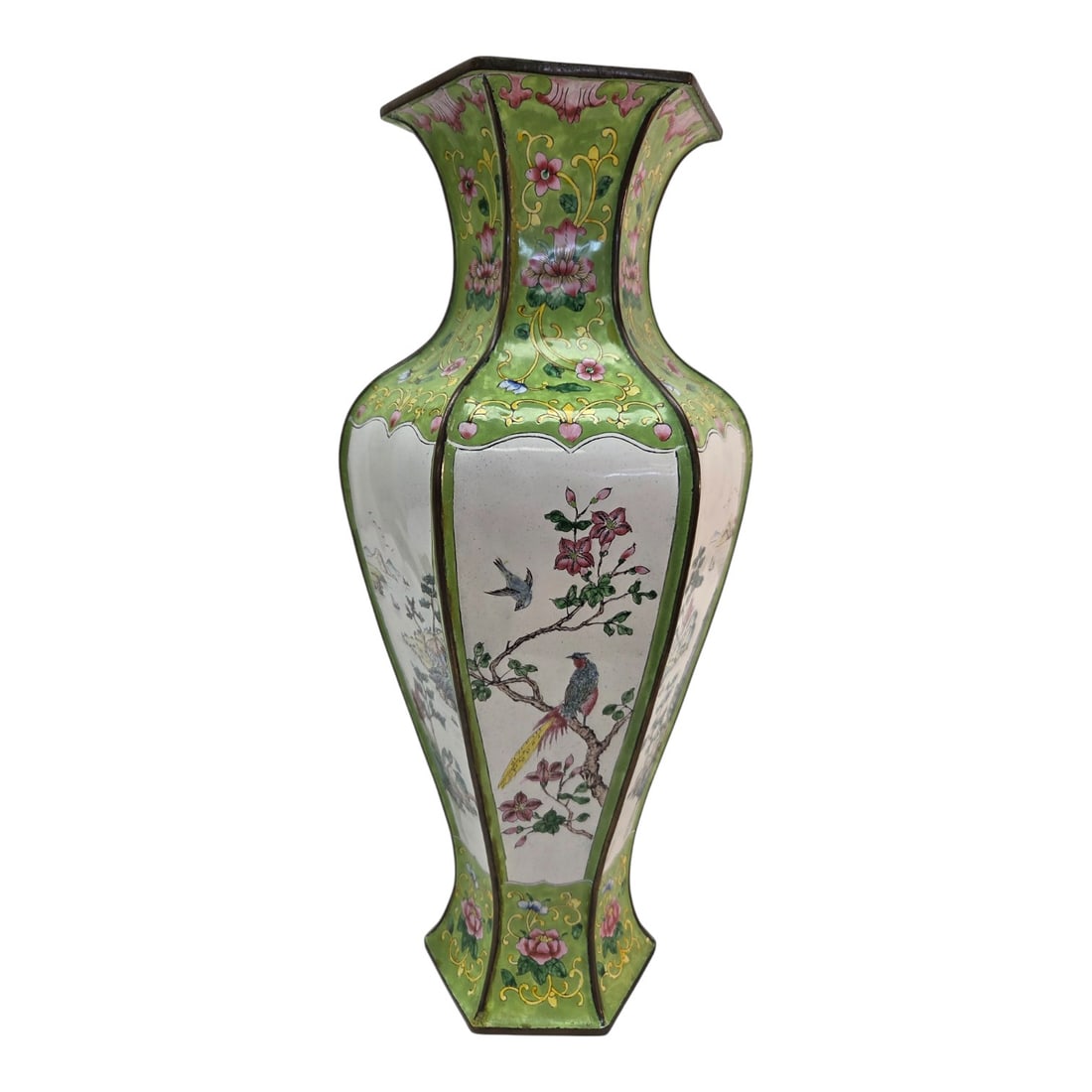 LIGHT GREEN CHINESE CANTON ENAMEL VASE: Light green enamel vase on copper with 6 panels of hand-painted birds,flowers, and branches. Paper label with People's Republic of China on bottom. Good condition. No wear to enamel. Measures 15" H