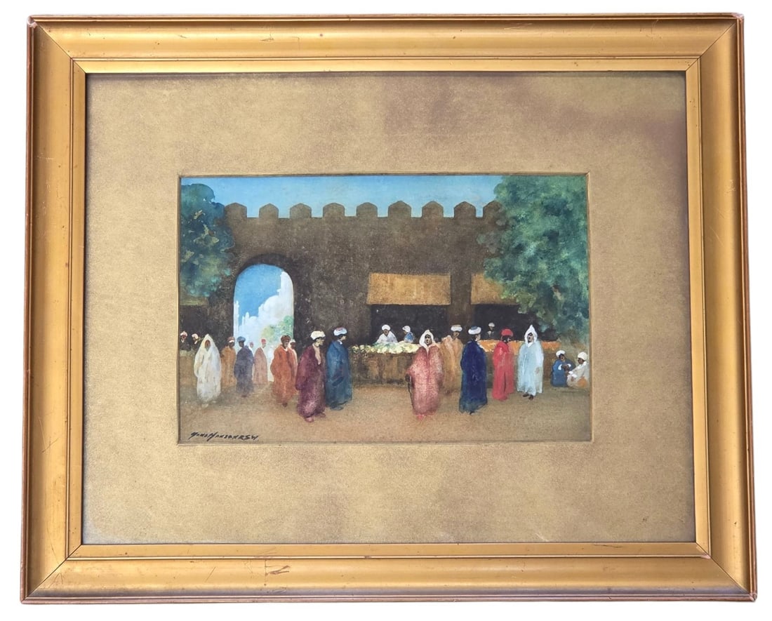 HANS HANSEN "MARKET SCENE" WATERCOLOR ON PAPER: Artist: Hans Hansen (1853-1947). "Market Scene" watercolor on paper. Image site size: 7" H x 10"W. Single gold 2 3/8" rag mat under glass with 1.5" traditional gold frame. Some chips and scratches on