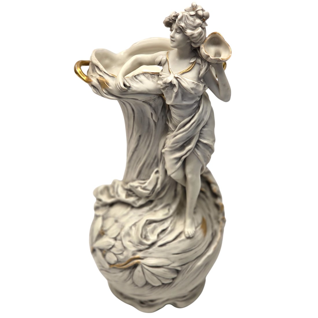 CLASSIC ART NOUVEAU ROYAL DUX LARGE EWER W/ MAIDEN: A Royal Dux early 20th C ewer with classical maiden as handle, flowing lines, florals and vines, with gilt details and a pooling grey over glaze. Royal Dux pink triangle with the letter E acorn mark